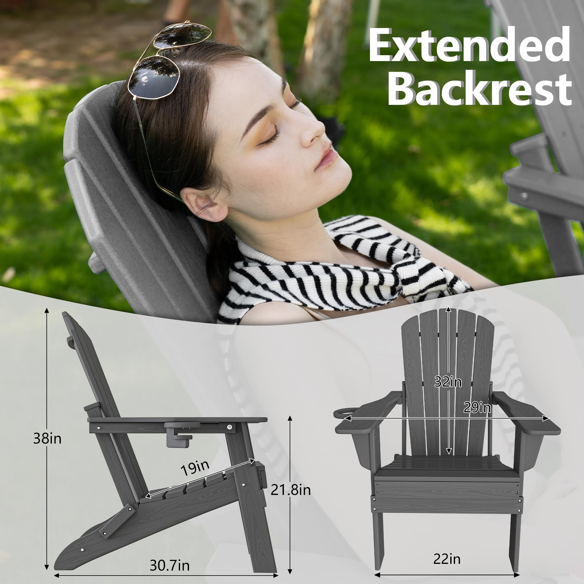 **Heavy Duty Folding Adirondack Chair - All-Weather HDPE, Wooden Texture with Cup Holder - SGS Certified - Perfect for Poolside, Backyard, Lawn & Patio - Comfortable Outdoor Seating (Grey)**