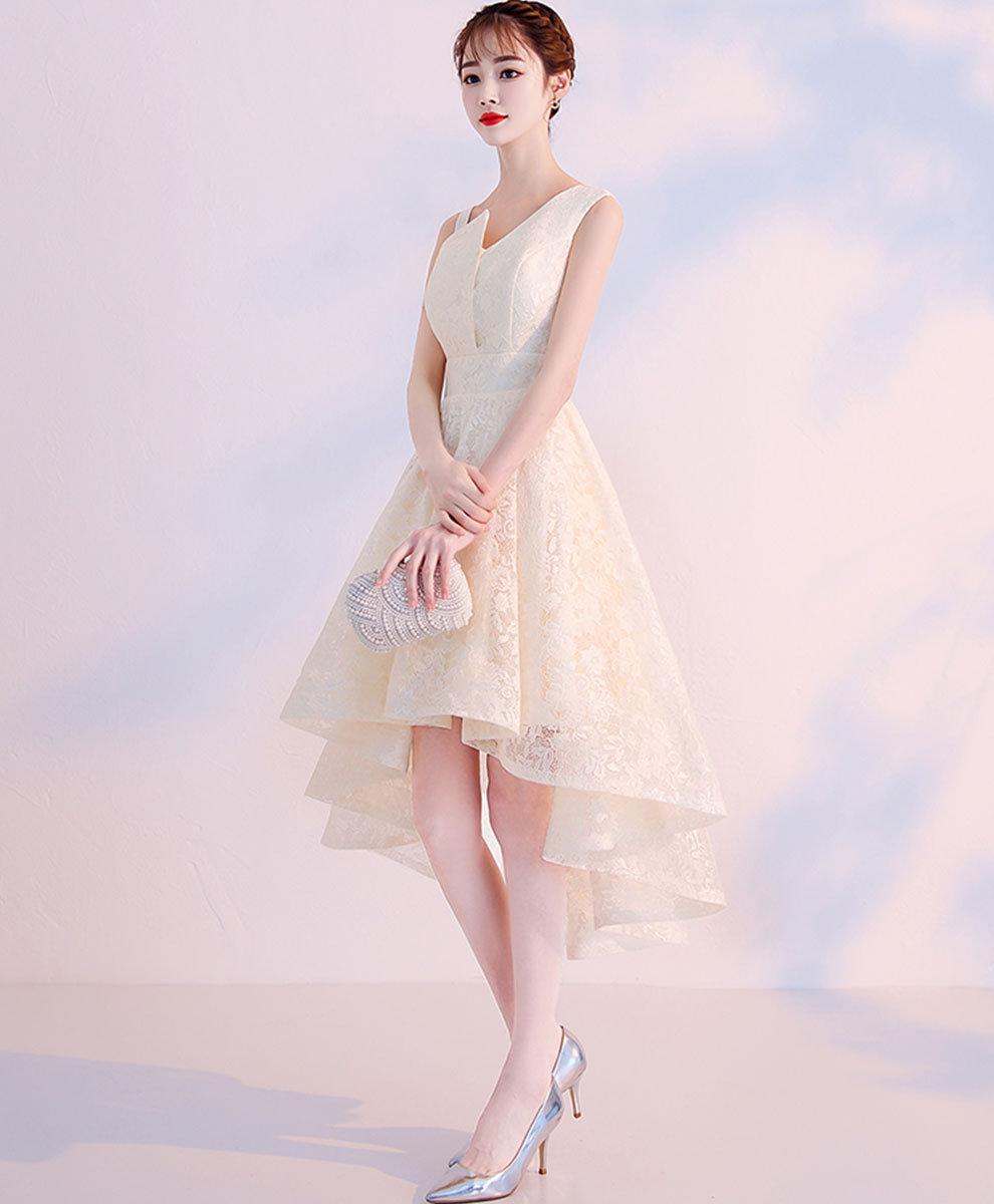 Elegant Champagne High-Low Prom Dress with Lace Details - Perfect for Homecoming, Cocktail Parties & Special Occasions