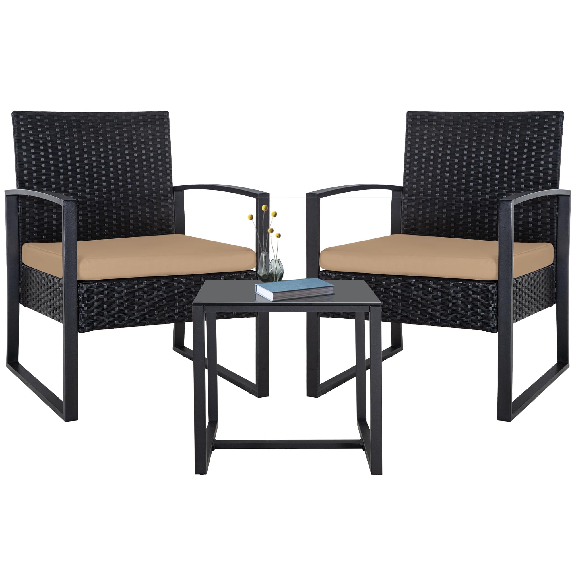 3-Piece Patio Bistro Set, Outdoor Wicker Furniture with Rattan Coffee Table - Perfect for Yard, Balcony, Garden & Backyard Relaxation (Brown)