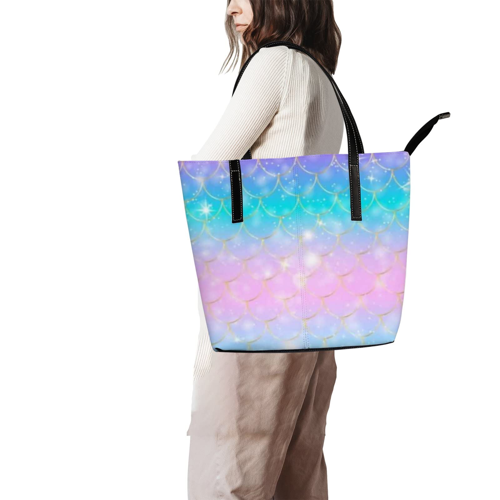 Stylish Rainbow Mermaid Scale Leather Tote Bag for Women - Waterproof Crossbody Work Bag with Zipper - Perfect for Office, Beach & Shopping (Kawaii Pattern)