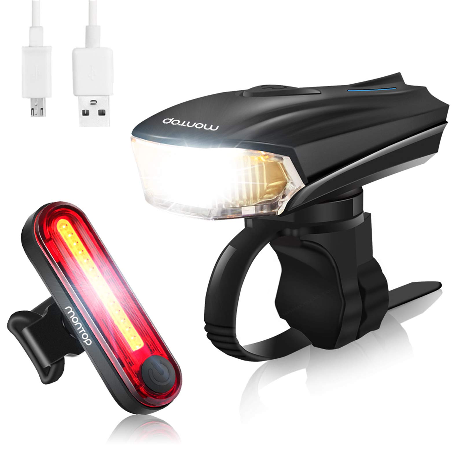 MONTOP USB Rechargeable Bike Light Set - Super Bright 1200mAh LED Bicycle Headlight & Taillight, Waterproof Cycling Lights for Night Riding, Commuting & Mountain Biking