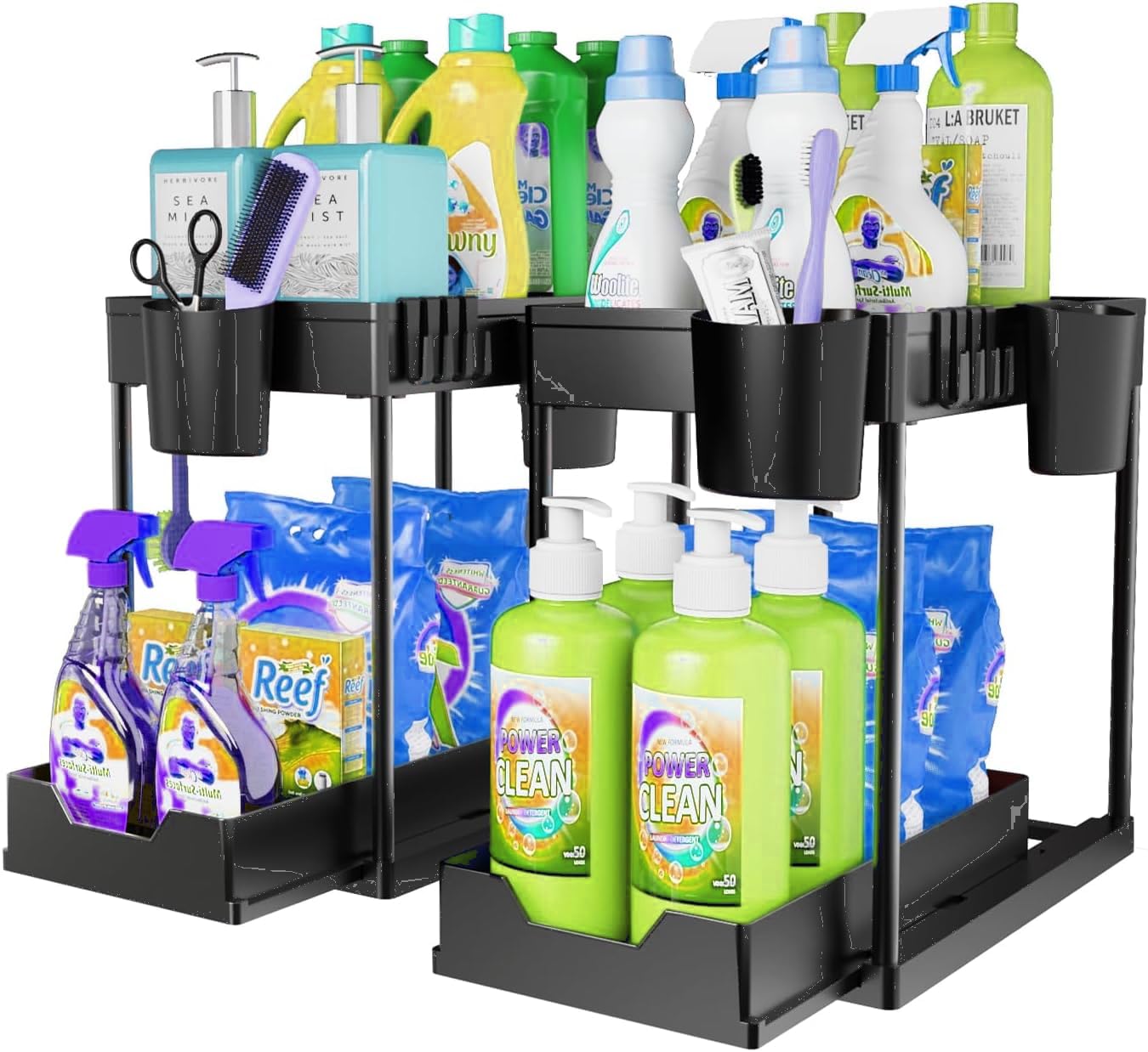 2 Pack Under Sink Organizers - 2 Tier Sliding Kitchen Cabinet Basket with Hooks, Hanging Cup & Dividers - Bathroom & Kitchen Storage Shelf - Perfect for Under Sink, Pantry, and Closet Organization