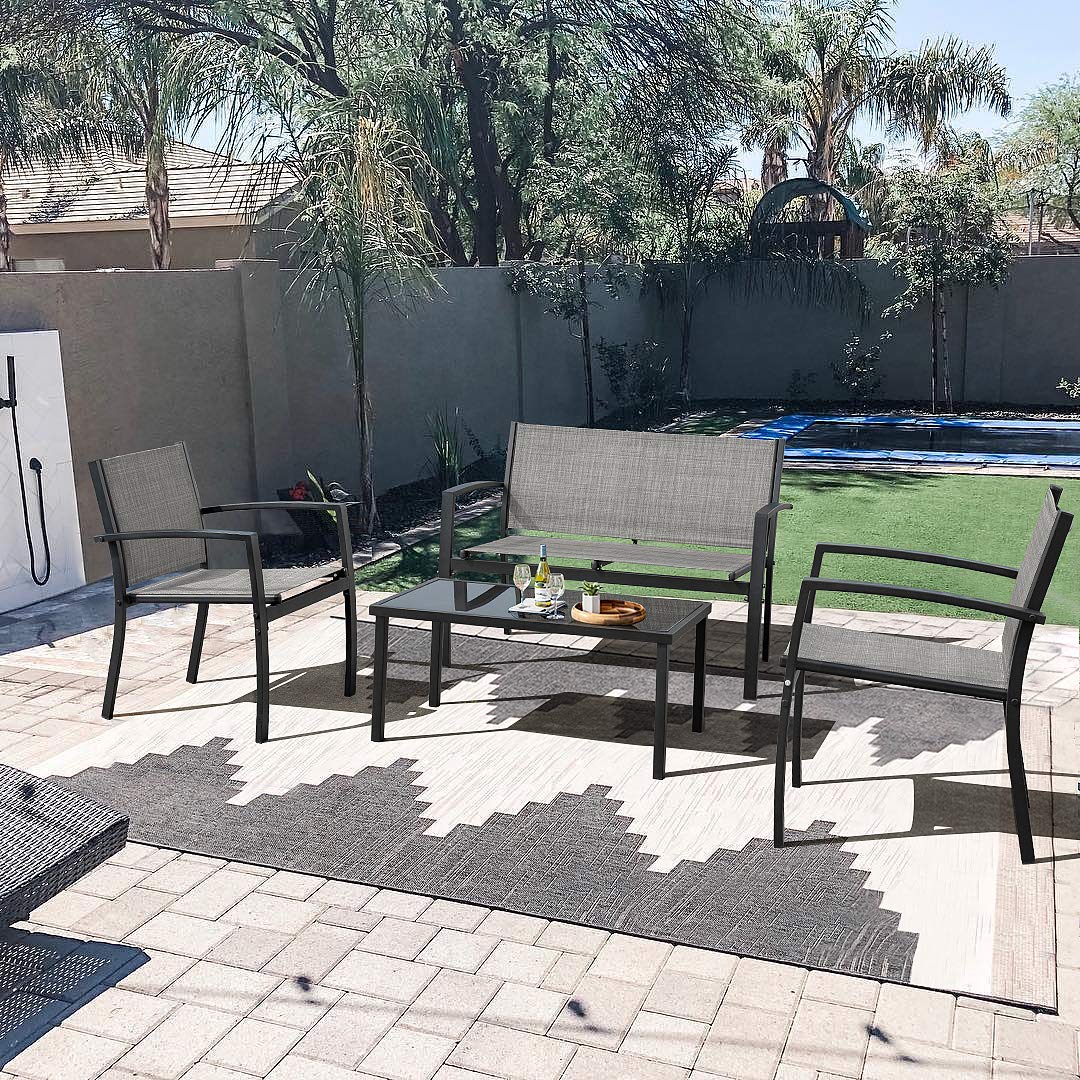 JUMMICO 4-Piece Modern Outdoor Patio Furniture Set - Grey Wicker Conversation Bistro Set with Tempered Glass Coffee Table for Garden, Porch, Lawn & Backyard | Perfect for Relaxing, Entertaining & Outdoor Dining