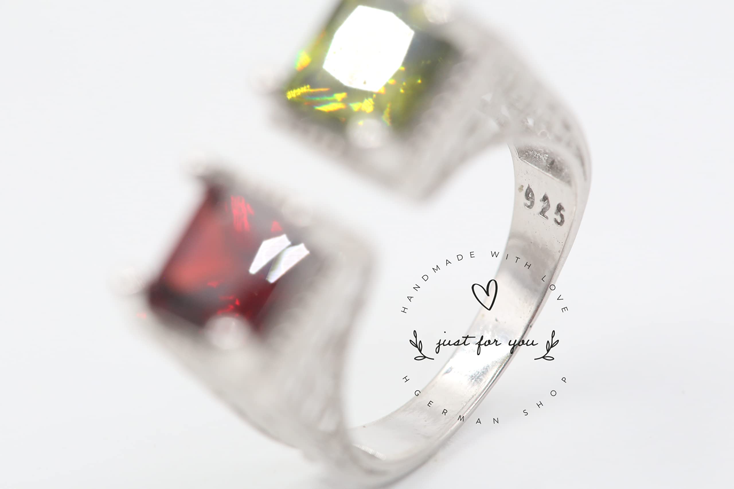 Exquisite Square Cut Ruby & Olive Green Sterling Silver Reversible Ring - Handmade Two-Sided Jewelry for Women | Unique 2 Stone Ring Gift for Her | Perfect for Date Nights, Anniversaries & Special Occasions
