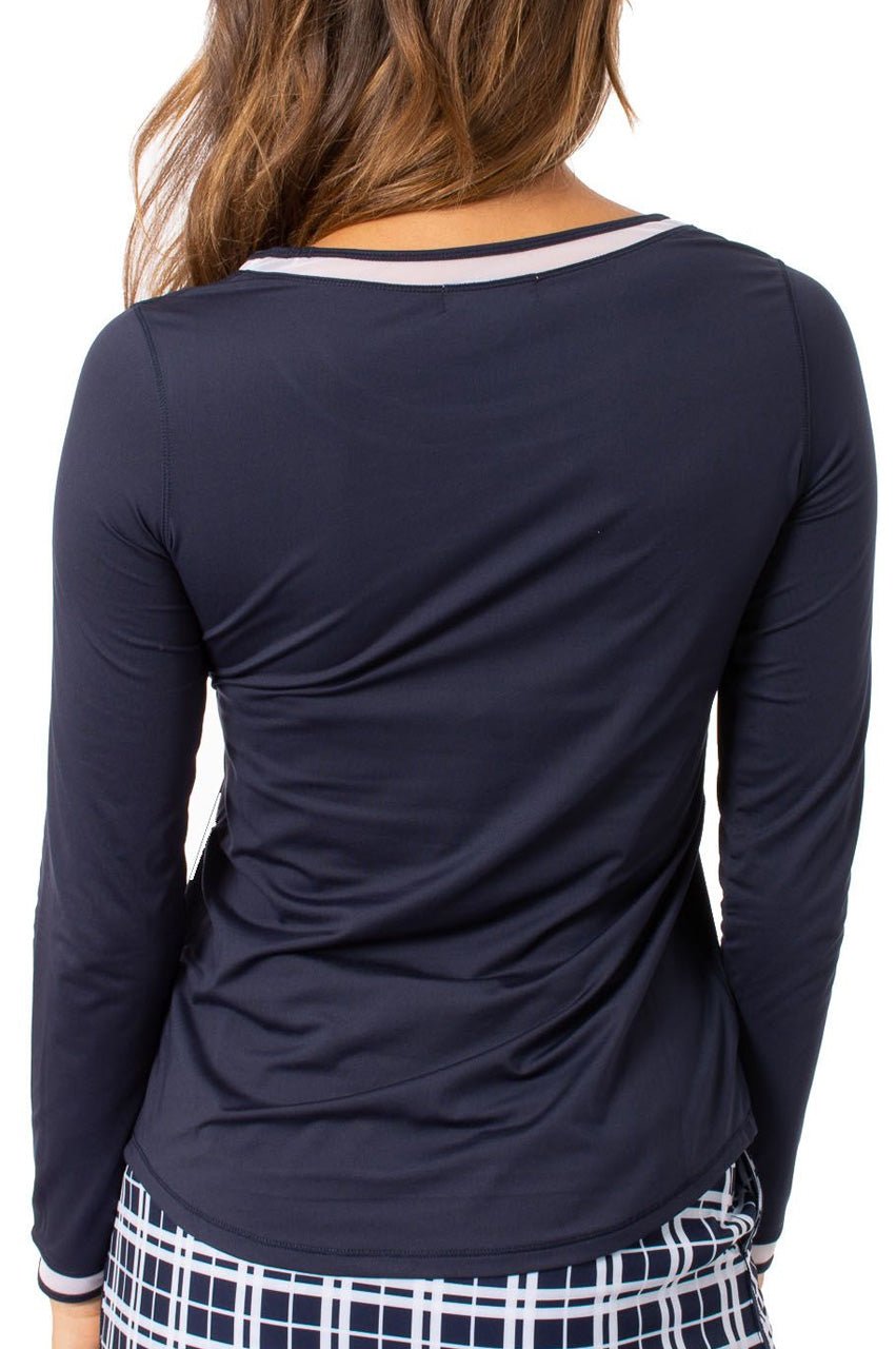 Navy and White Long Sleeve Mesh Trim T-Shirt for Women | Casual Fashion Top | Perfect for Layering, Office Wear & Everyday Outfits