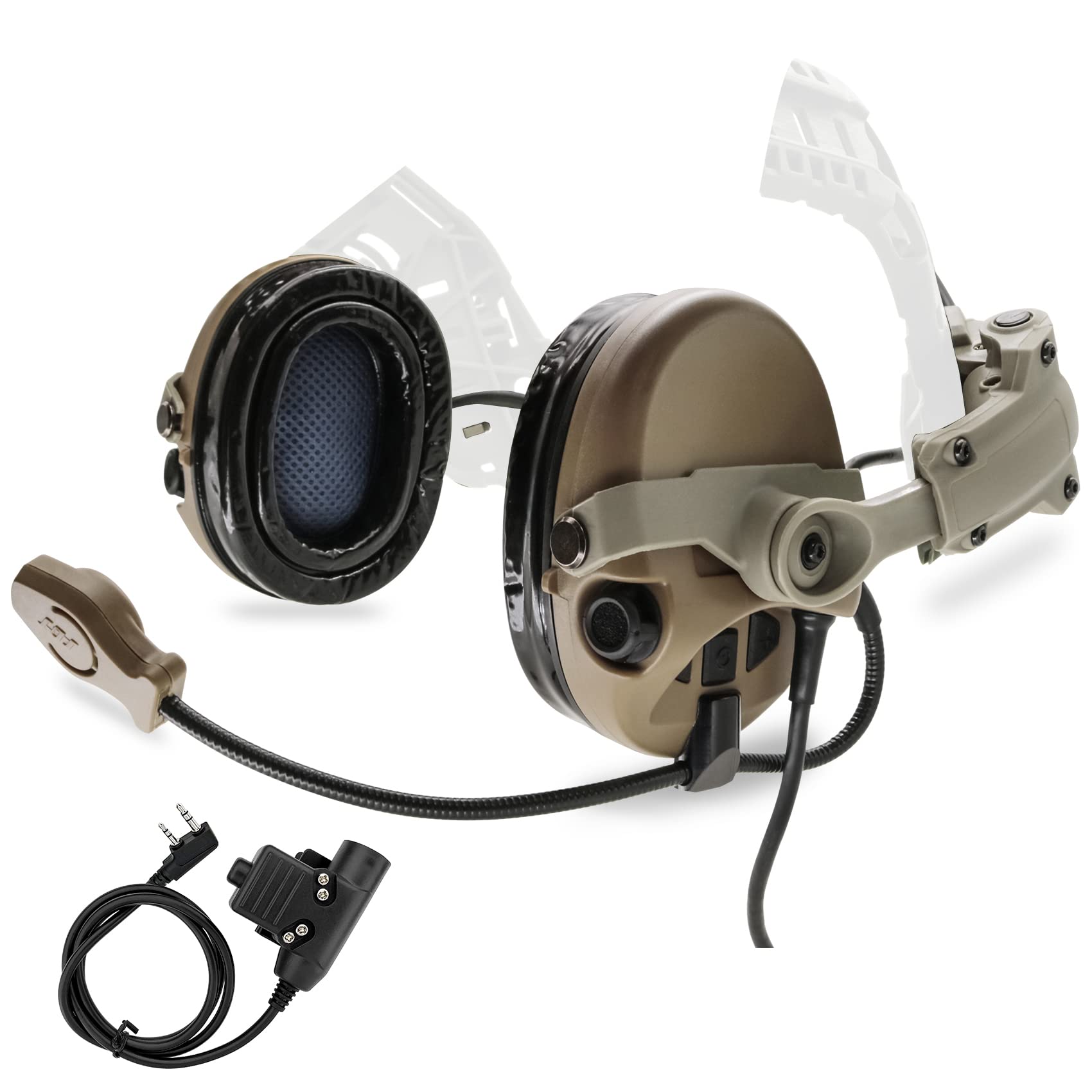 Tactical Headset with ARC Rail Adapter - Military-Grade Ear Protection Headphones for Airsoft & Shooting - Includes K 2 Pin Push-to-Talk (Tan) - Perfect for Combat Training, Hunting & Outdoor Adventures