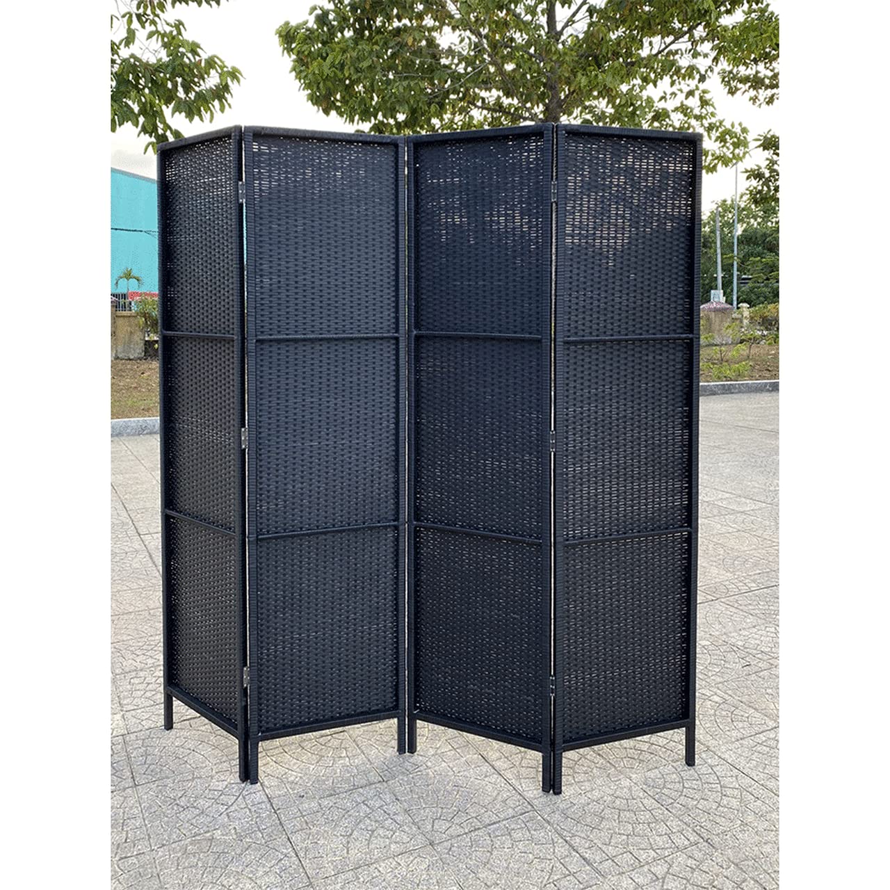 4-Panel Patio Privacy Screen - Black Resin Wicker Outdoor Room Divider - Weather Resistant for Deck, Garden, Balcony & Poolside