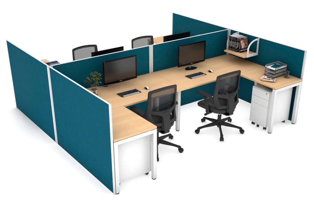 Quadro Square Legs 4-Person Corner Workstation - H Configuration White Frame [1400L x 1800W with Cable Management] - Perfect for Office Collaboration & Team Workspaces