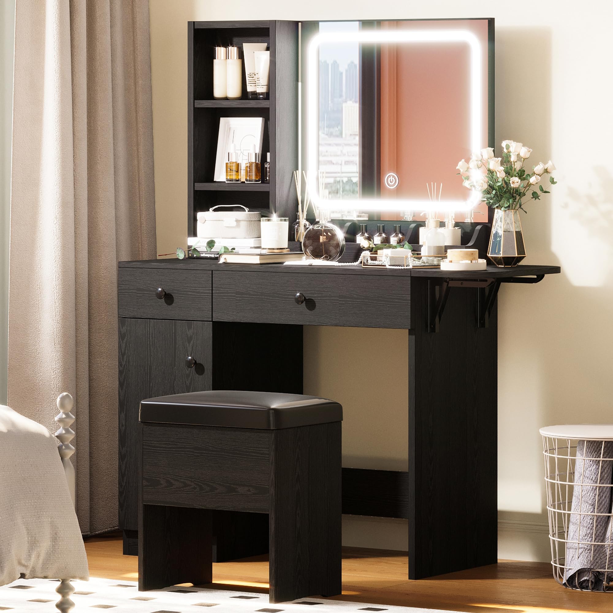IRONCK Vanity Desk with LED Lighted Mirror, Power Outlet & Storage Stool - Makeup Dressing Table with Drawers & Cabinet for Bedroom, Black - Perfect for Beauty Routine & Home Decor