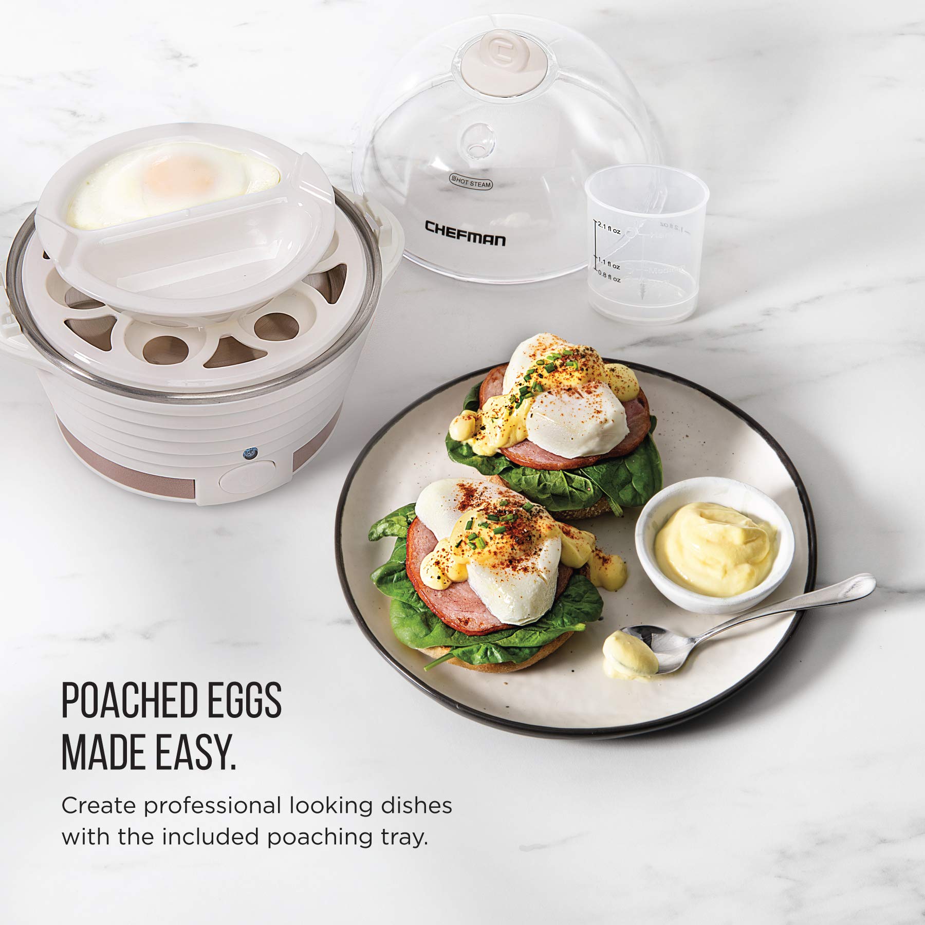 Chefman Electric Egg Cooker & Steamer - 6 Egg Capacity for Hard, Medium, Soft Boiled Eggs & Poached Eggs - Includes Omelet Tray & Ready Signal - BPA-Free Ivory Appliance - Perfect for Breakfast Meal Prep & Healthy Cooking