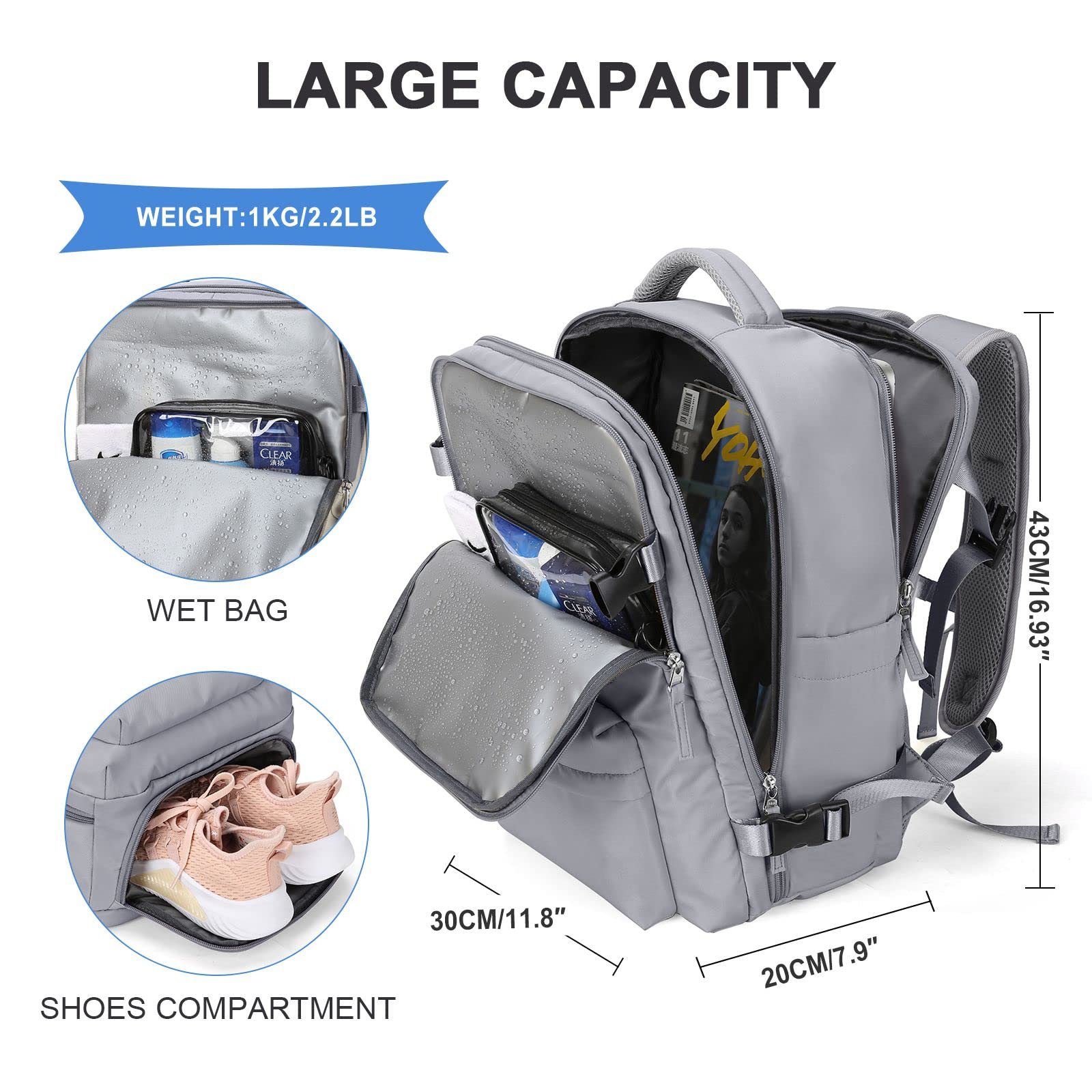 WONHOX Large Travel Backpack - TSA Approved Carry On Backpack for Women & Men, Laptop Business Backpack with USB Charging Port, Water Resistant Flight Backpack for Work, College, Commuting & Weekend Trips
