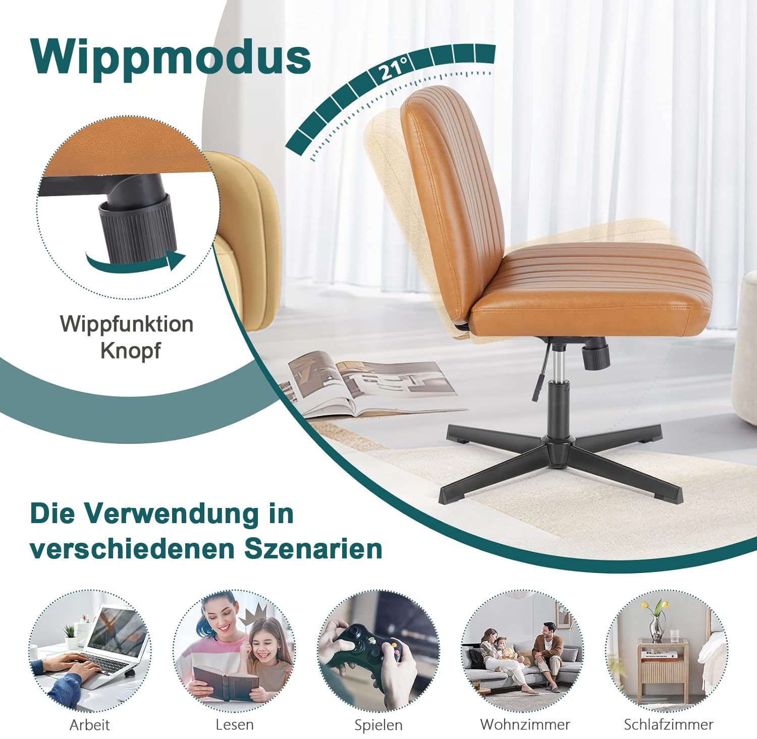 DUMOS Cross Legged Office Chair - Armless Wide Desk Chair No Wheels, Adjustable Swivel Leather Vanity Chair for Home Office & Study - Modern Brown Seat for Working, Reading & Relaxing