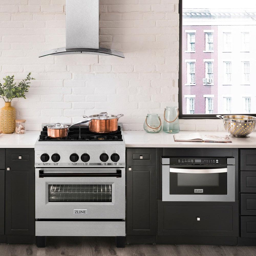 ZLINE Autograph Edition 30-inch 4.0 cu. ft. Dual Fuel Range - 4 Burner Gas Cooktop & Electric Convection Oven - Satin Stainless Steel with Matte Black Accents (RASZ SN 30 MB) - Perfect for Modern Kitchens & Professional Chefs