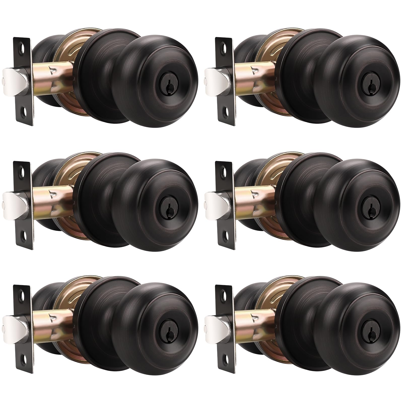 6 Pack Oil Rubbed Bronze Round Entry Door Knobs - Keyed Alike Exterior/Interior Door Handles for Bedroom, Bathroom, Front & Office Doors - Secure Lock with 3 Combo Keys | Perfect for Home Security & Commercial Use
