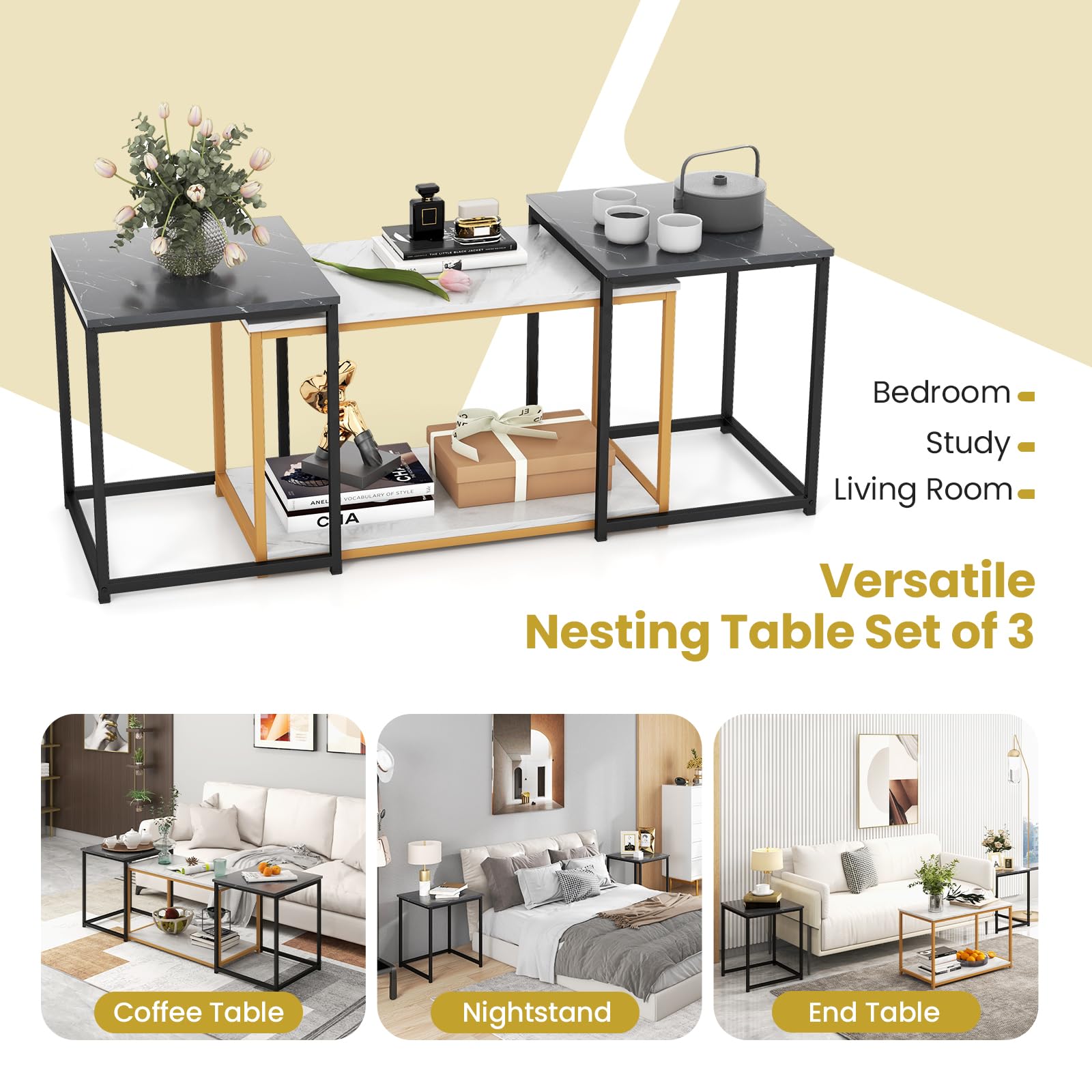 COSTWAY 3-Piece Nesting Coffee Table Set with Faux Marble Top & Heavy-Duty Metal Frame - Modern Rectangular End Tables for Small Spaces, Living Room, Bedroom | Perfect for Sofa Side Tables, Coffee Table Decor & Compact Home Furniture