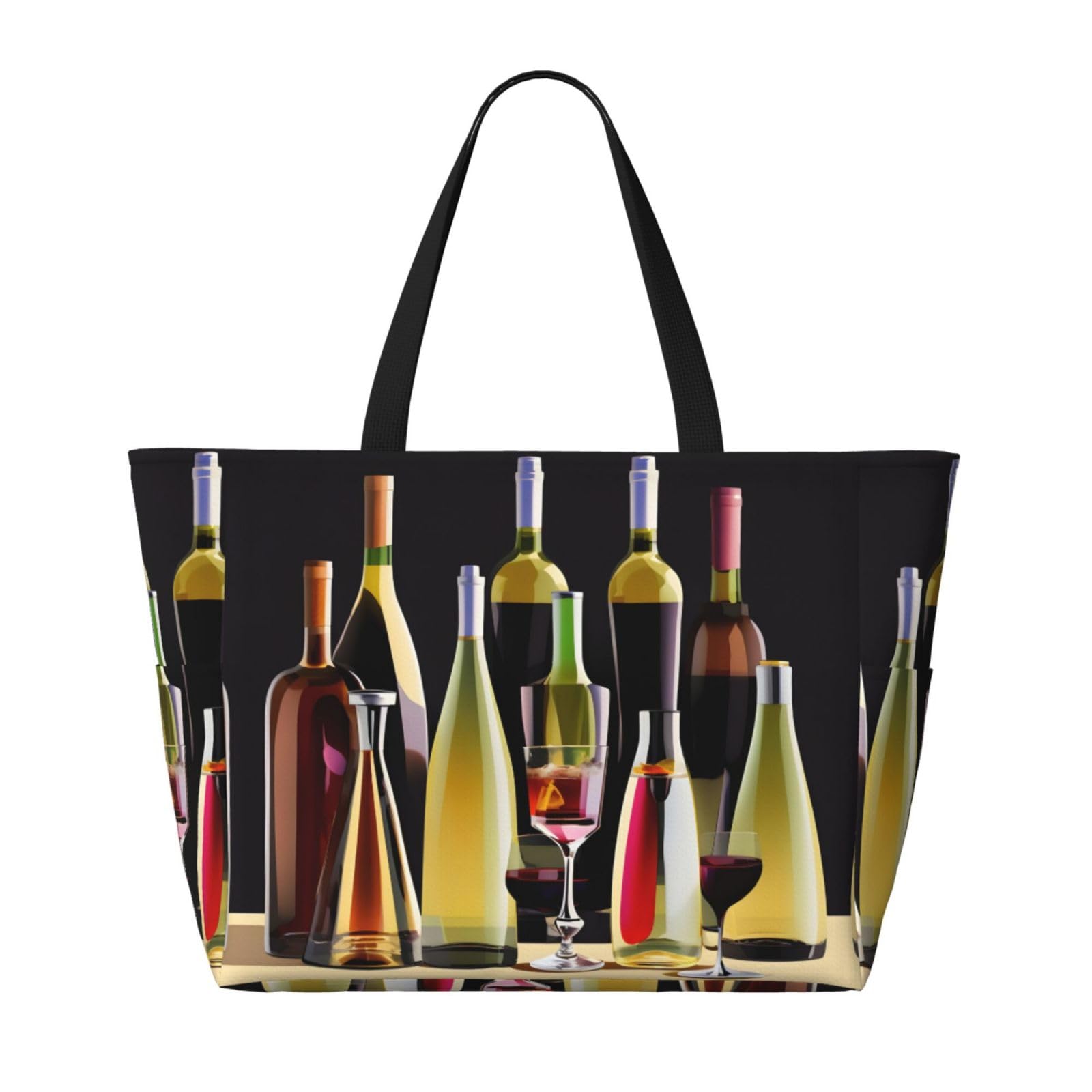 **Waterproof Gym Shoulder Bag with Cocktail & Wine Print - Large Fashion Beach Tote for Women, Summer Travel, Work & Shopping (Black, One Size)**    *Perfect for gym, beach trips, travel, work, shopping & casual outings!*