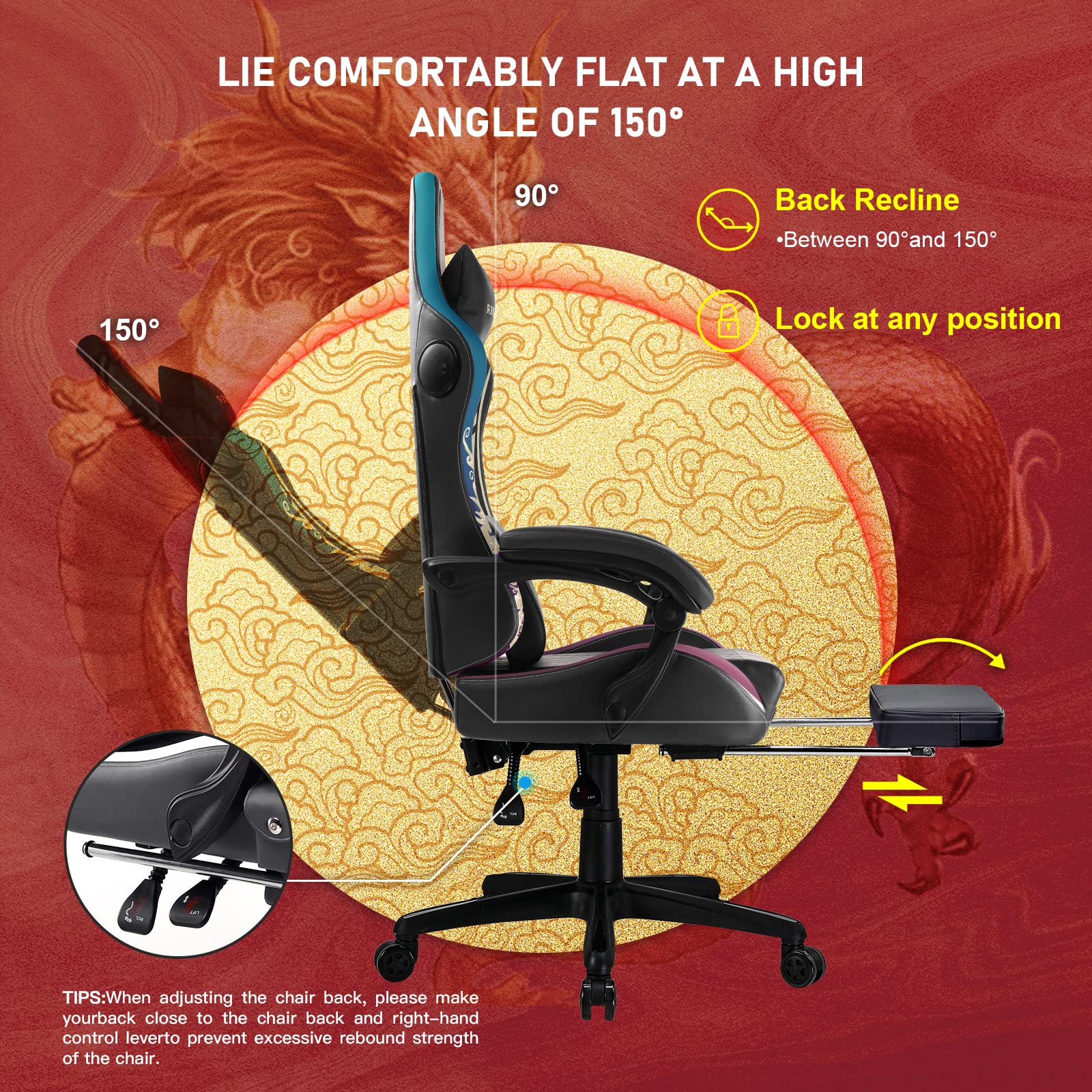 GTPLAYER Bluetooth Gaming Chair with Built-in Speakers & Footrest - Dragon Series Ergonomic Video Game Chair for PC, Office & Esports - Heavy Duty Computer Desk Chair by GTRACING (Black) - Perfect for Gaming Sessions, Work from Home & Streaming Setup