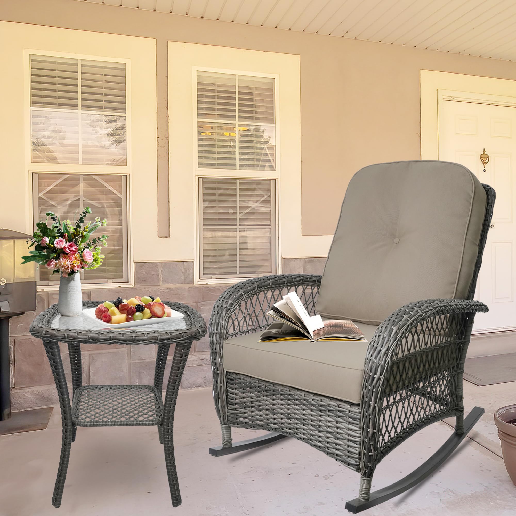 All-Weather Brown Resin Wicker Rocking Chair - Outdoor Garden, Backyard, Lawn & Porch Furniture - Perfect for Relaxing & Lounging in Sun or Shade