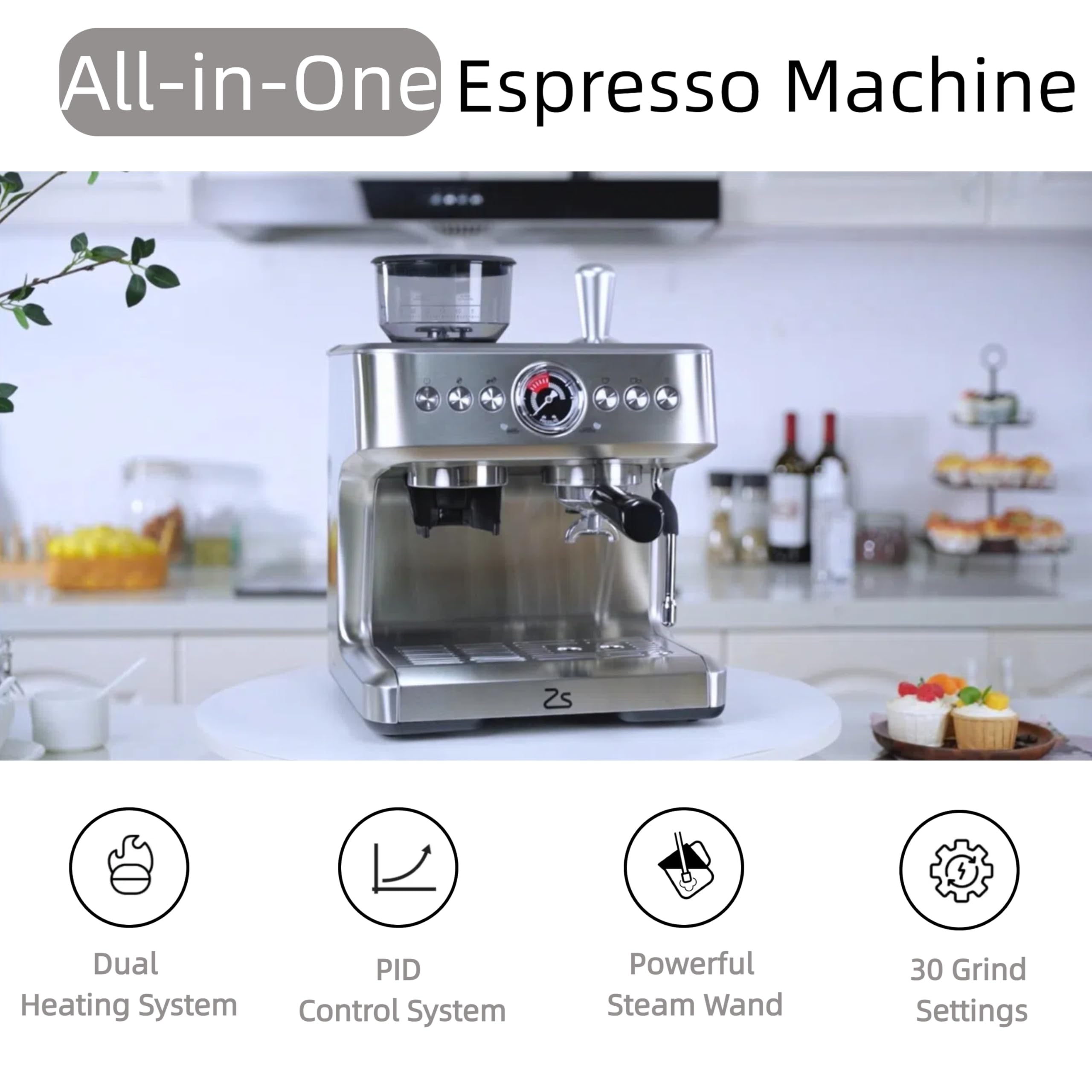 20 Bar Professional Espresso Machine with Built-in Grinder & Milk Frother - 95oz Removable Water Tank for Latte, Cappuccino - Stainless Steel Home Coffee Maker for Kitchen, Office & Gifts