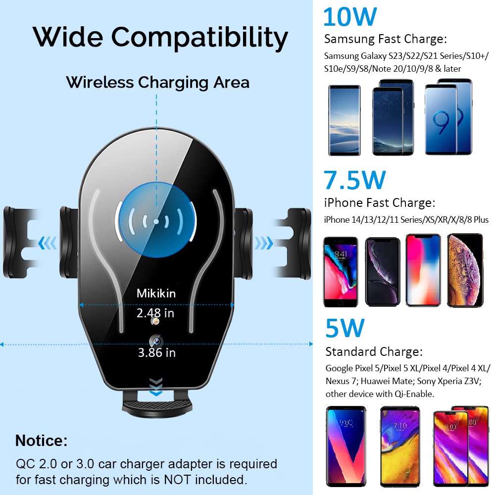 Wireless Car Charger 10W Fast Charging - Auto-Clamping Phone Holder for iPhone 16/15/14/13/12/11 Pro Max/Mini/XR/XS/X & Samsung Galaxy S24 Ultra/S23/S22/S21+ - Perfect for Commuting, Road Trips & Hands-Free Driving