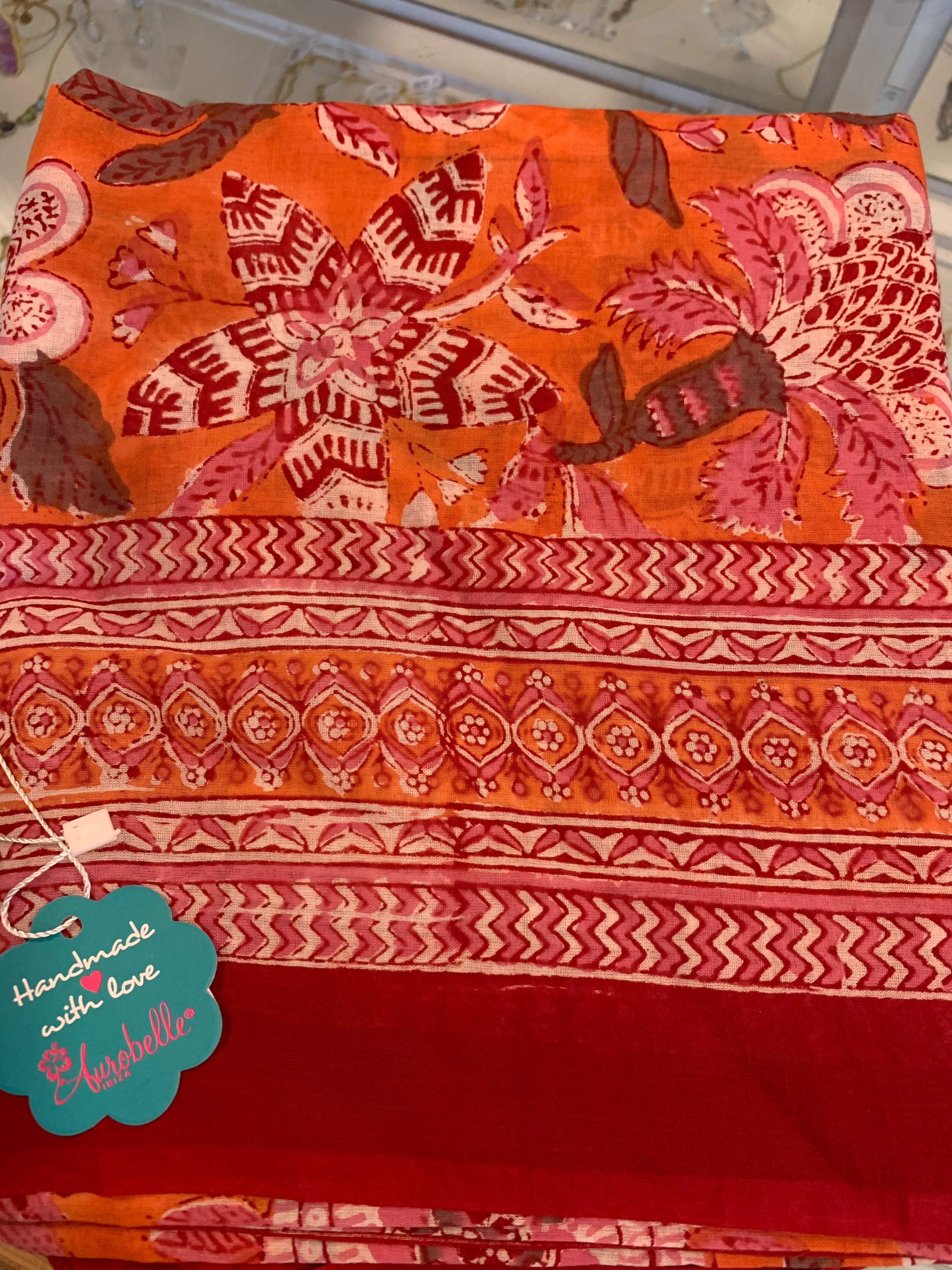Hand Block Printed Cotton Sarong Pareo - Pink & Orange Floral Design, Soft & Lightweight Beach Wrap, Perfect for Vacation, Poolside, and Summer Outfits