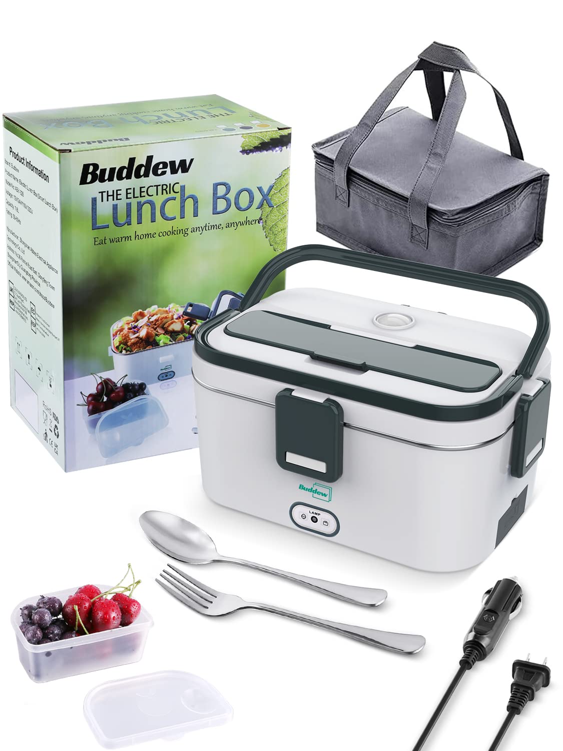 70W Electric Lunch Box - Buddew 3-in-1 Portable Food Warmer (12V/24V/110-230V) with 1.8L Large Capacity | Includes Carry Bag, Fork & Spoon | Perfect for Car, Truck, Office & Home Use | Keep Meals Warm Anywhere (Gray)