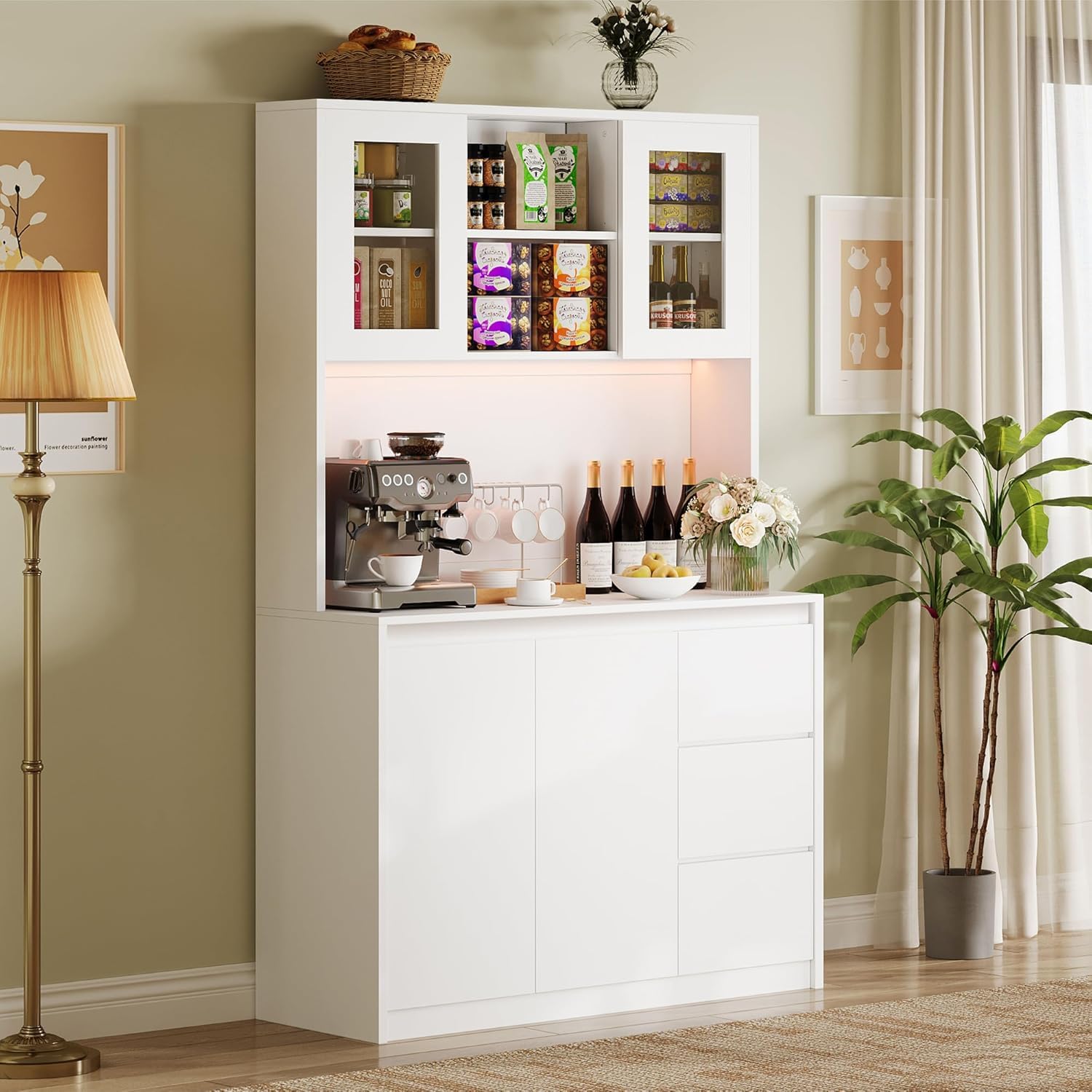 Modern White Kitchen Pantry Cabinet with LED Lights - Charging Station & Microwave Stand - Tall Buffet Cabinet with Countertop - Perfect for Small Kitchens, Dining Rooms & Home Organization