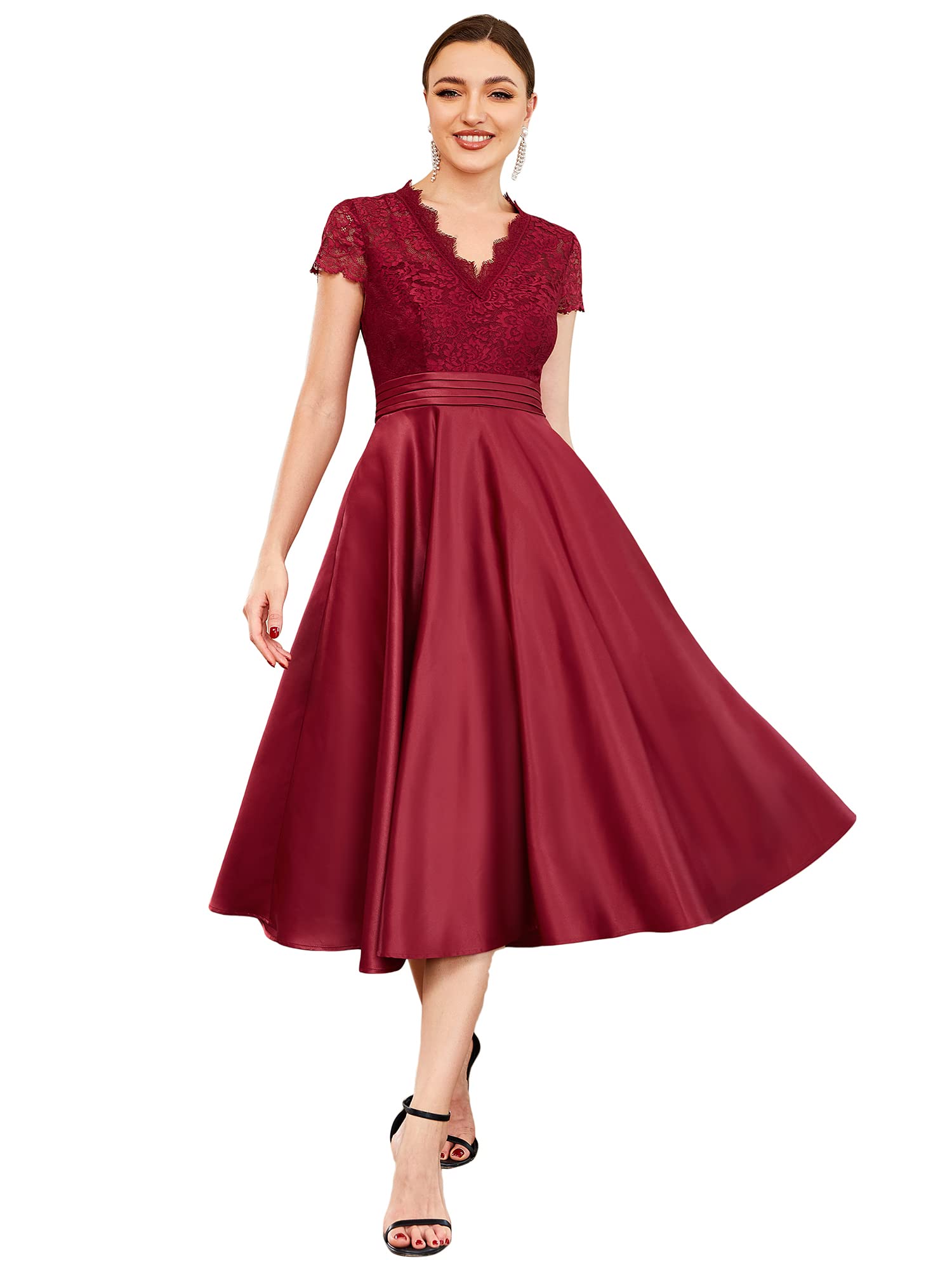 Ever-Pretty Women's A-Line Lace V-Neck Sheer Wedding Dress with Pleated Skirt - Perfect for Bridal Parties, Cocktail Events & Formal Occasions