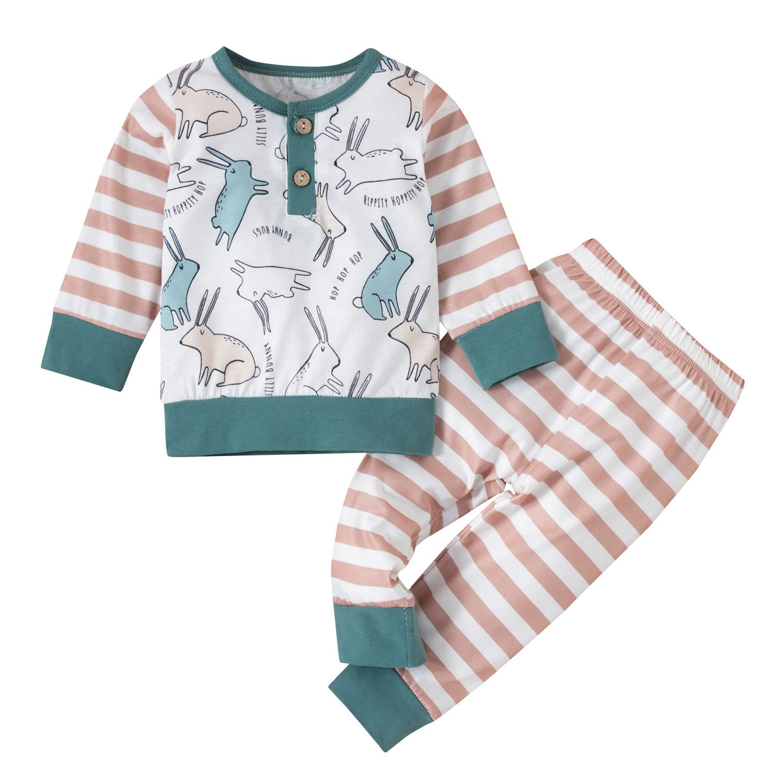 2PCS Striped Infant Bunny Outfits - Cute Rabbit T-Shirt & Pants Set for Baby Boys & Girls (6T, White) | Easter, Winter & Everyday Wear