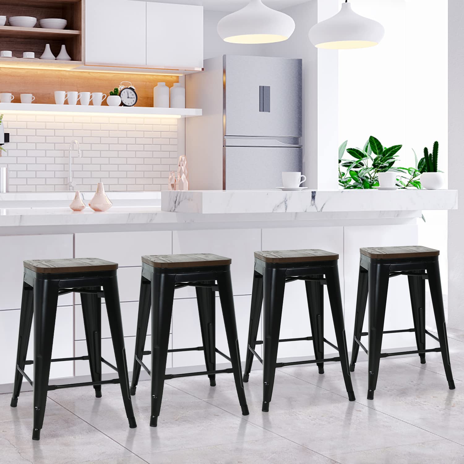 24 Inch Metal Bar Stools Set of 4 - Modern Kitchen & Dining Counter Height Chairs with High Back, Farmhouse Style Barstools in Black - Perfect for Home Bar, Kitchen Island & Breakfast Nook