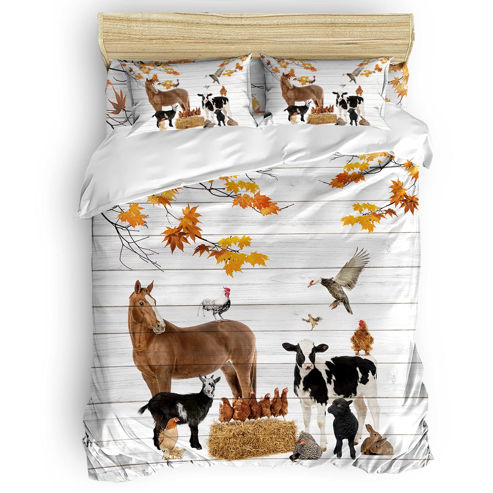 Premium Cotton Duvet Cover Set - Ultra Soft & Easy Care 4-Piece Bedding Set (Twin/Queen/King) with 2 Pillow Shams - Farm Animal Print - 92x106 Inches - Perfect for Cozy Autumn Nights & Farmhouse Style Bedrooms