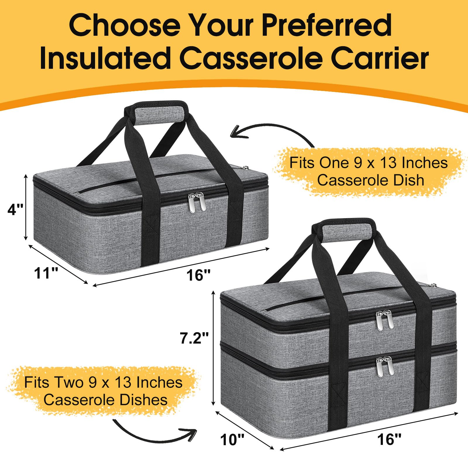 Insulated Casserole Carrier for Hot & Cold Food - Portable 9x13 Baking Dish Tote Bag - Thermal Lunch Warmer & Cooler for Potluck Parties, Picnics, Office Meals & Family Gatherings - Grey