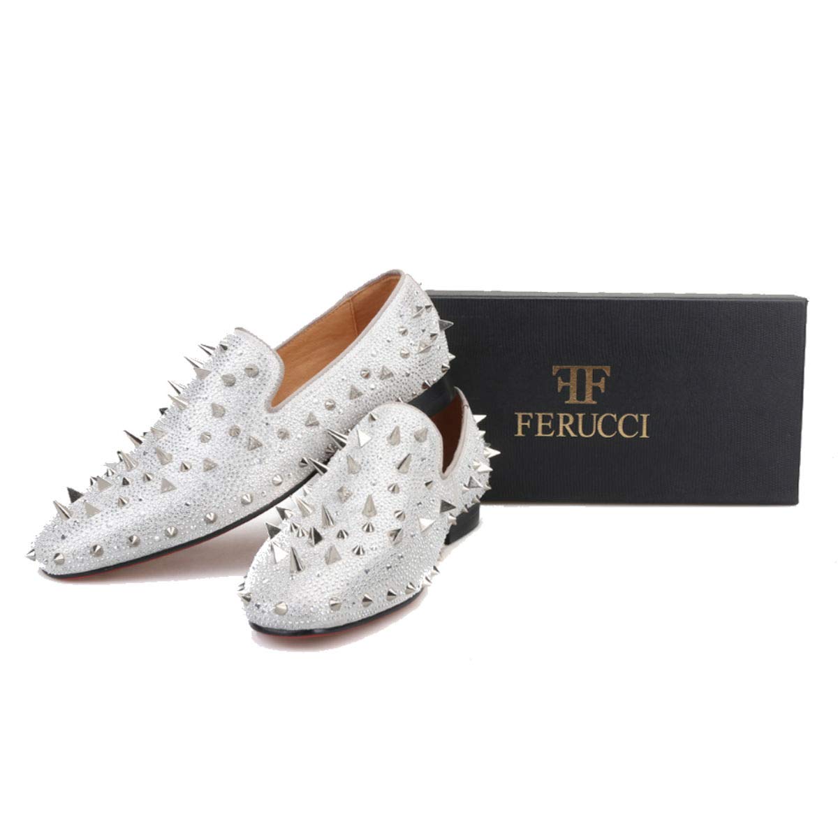 FERUCCI Men's Silver Spiked Loafers with Crystal Rhinestones - Stylish Comfort for Casual Wear & Night Out