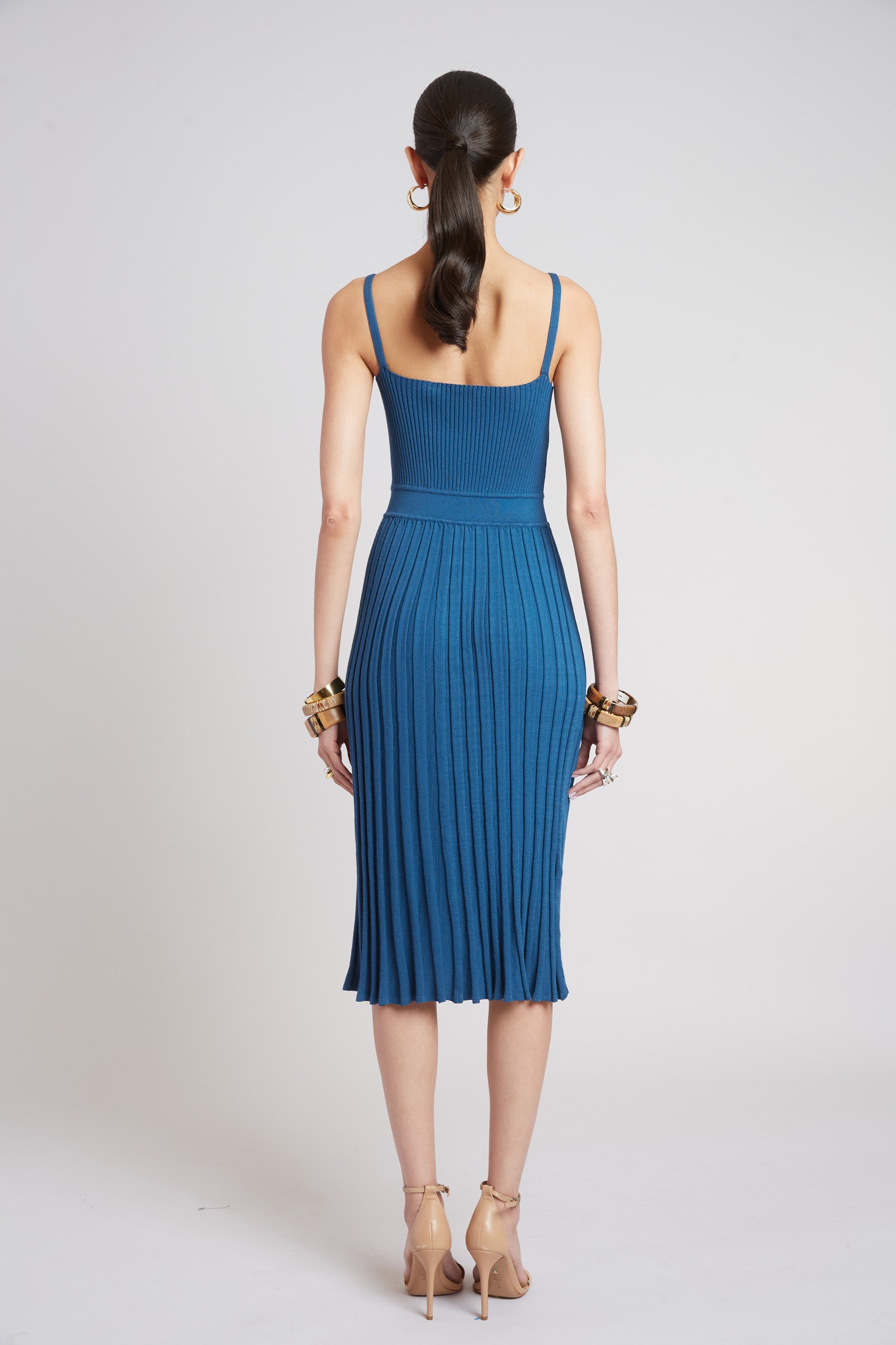 Rib Fit Flare Dress E55Xt605 Ocean Blue - Women's Stretchy Bodycon Midi Dress for Party, Date Night & Office Wear