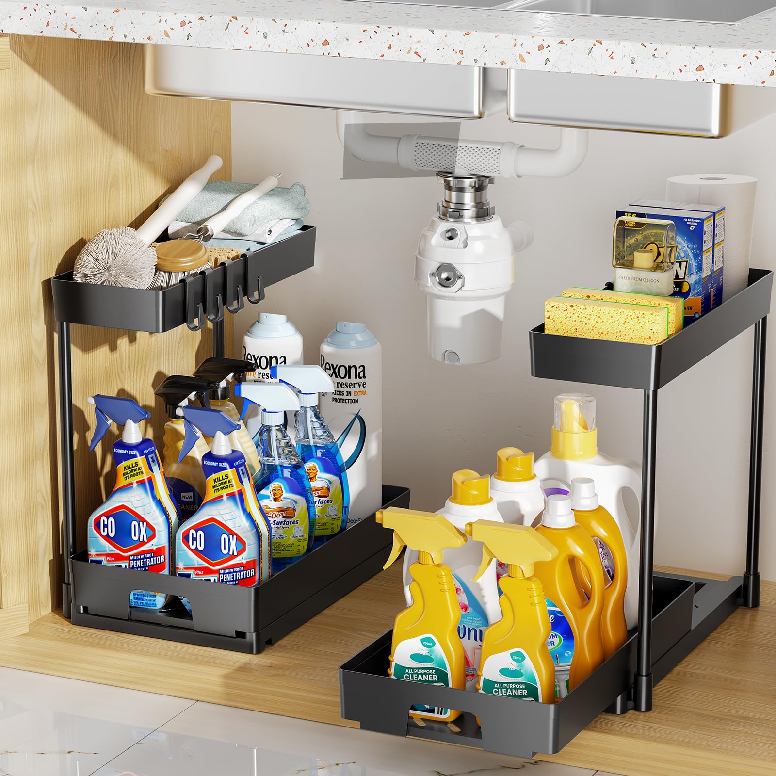 Delamu 2 Pack Under Sink Organizer Set - 2 Tier Pull Out Cabinet Organizer for Bathroom & Kitchen, L-Shaped Black Sink Storage with Drawer - Perfect for Organizing Cleaning Supplies, Toiletries & Kitchen Essentials Under Sink