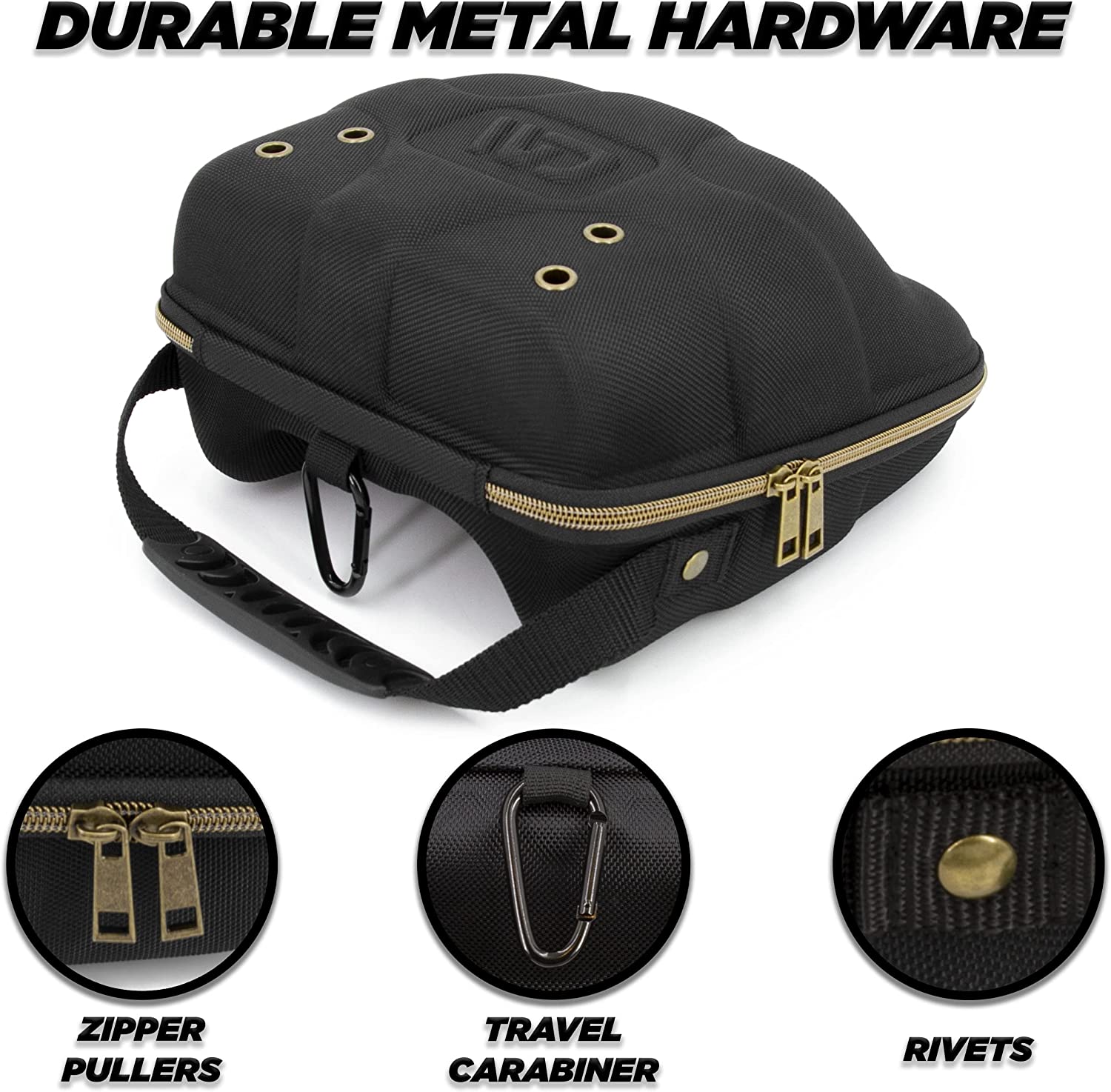 CASEMATIX Hard Shell Baseball Cap Travel Case - Holds 4 Hats with Carabiner & Handle - Portable Hat Storage Organizer for Travel, Sports, and Outdoor Adventures