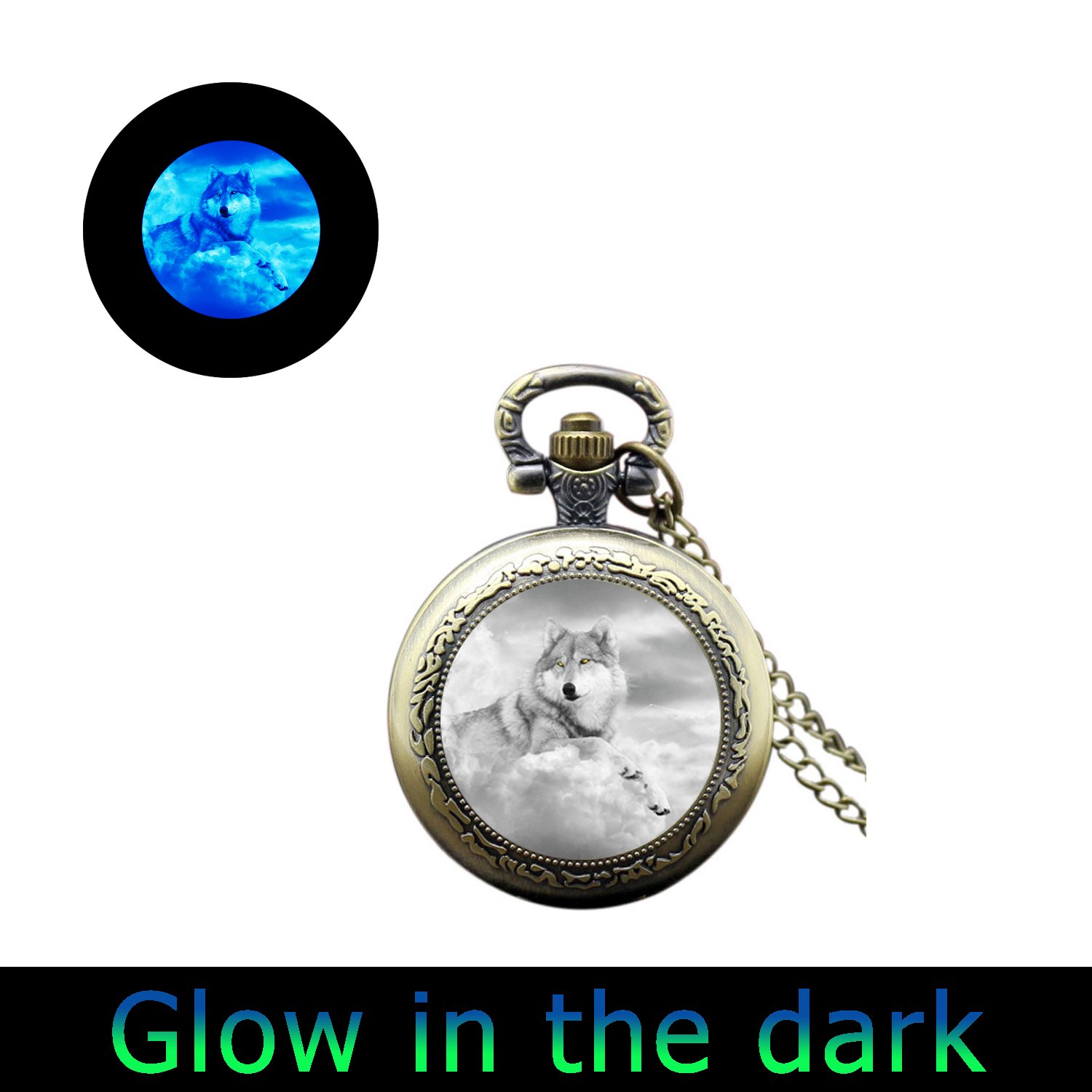 Glow in The Dark Wolf Pocket Watch Necklace - Perfect for Nighttime & Gifts