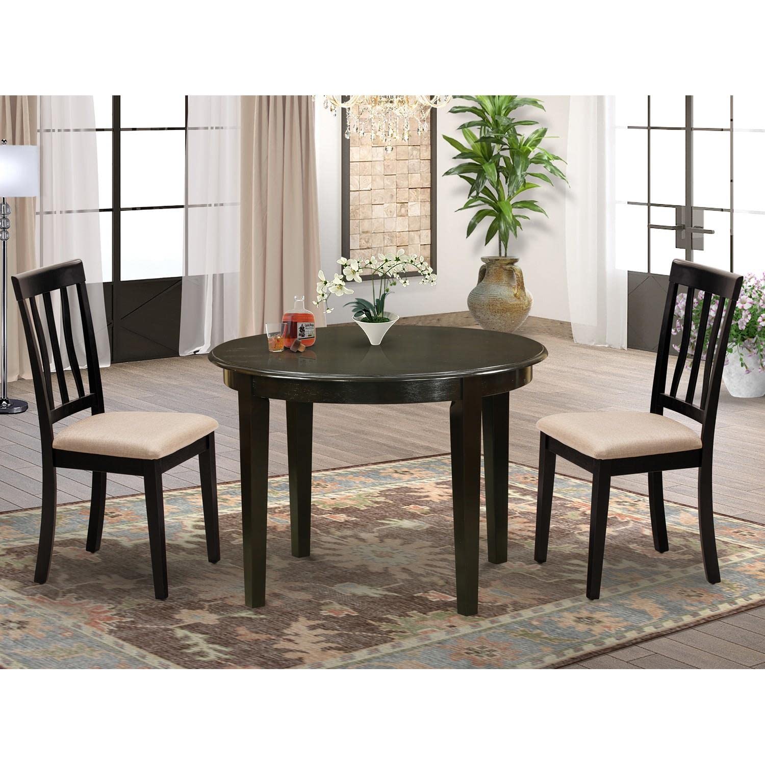 East West Furniture BOAN3-CAP-C 3-Piece Small Space Kitchen Table Set with Round Dining Table & 2 Linen Fabric Chairs, 42x42 Inch, Cappuccino - Perfect for Apartments, Breakfast Nooks & Cozy Dining Areas