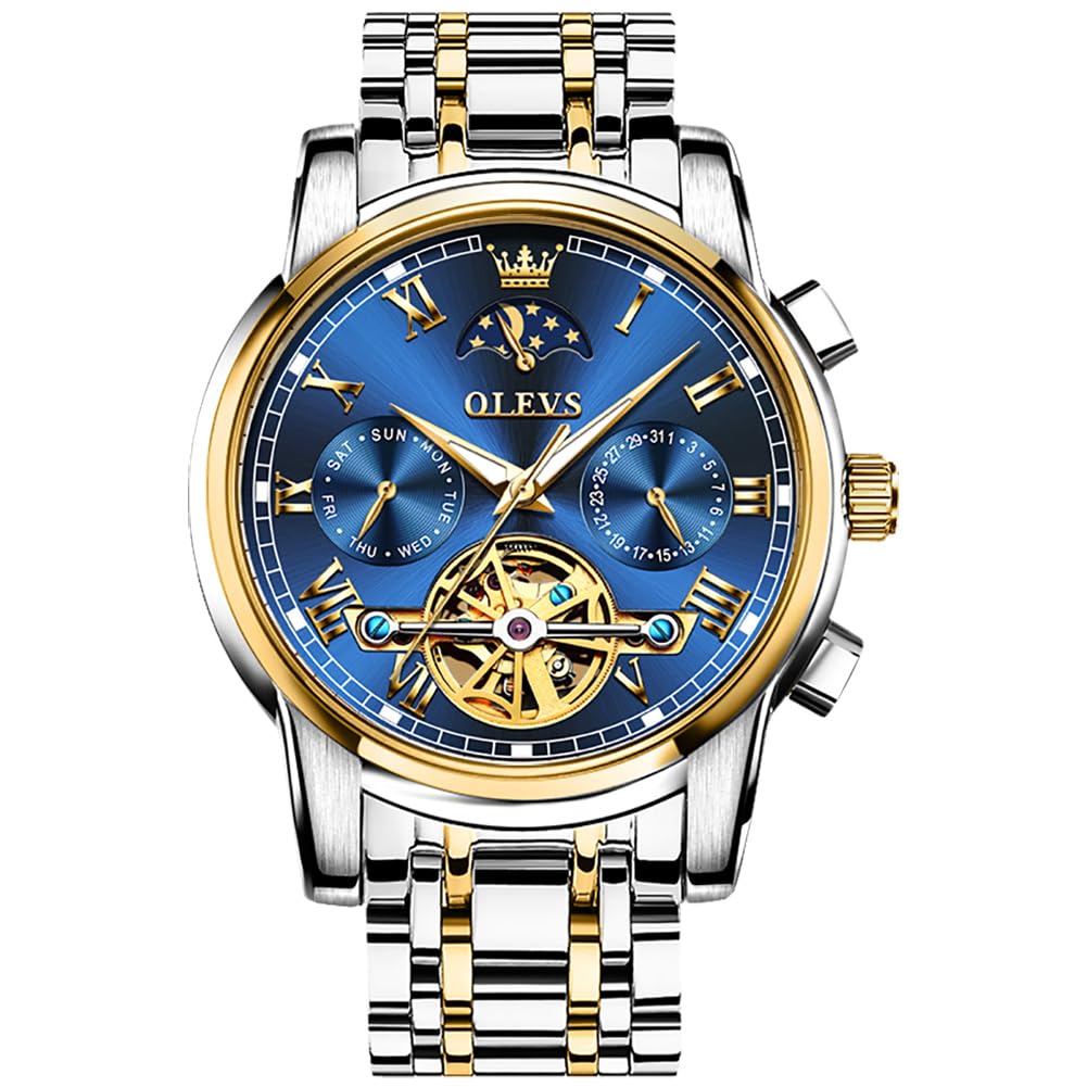 OLEVS Automatic Self-Winding Men's Watch with Date & Day Display - Stainless Steel Skeleton Tourbillon Watch - Waterproof Mechanical Watch for Men | Perfect for Business, Formal Events & Daily Wear