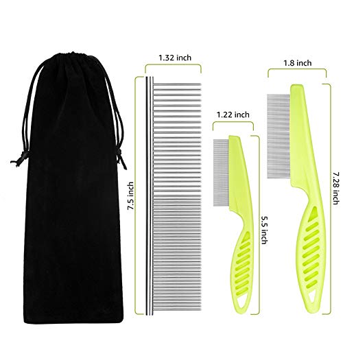 **Premium Metal Flea Comb for Cats & Dogs - Durable Lice & Tear Stain Remover, Detangles Hair, Reduces Dandruff - 3-Piece Pet Grooming Set with Storage Pouch (Green) - Perfect for Daily Grooming & Flea Control**