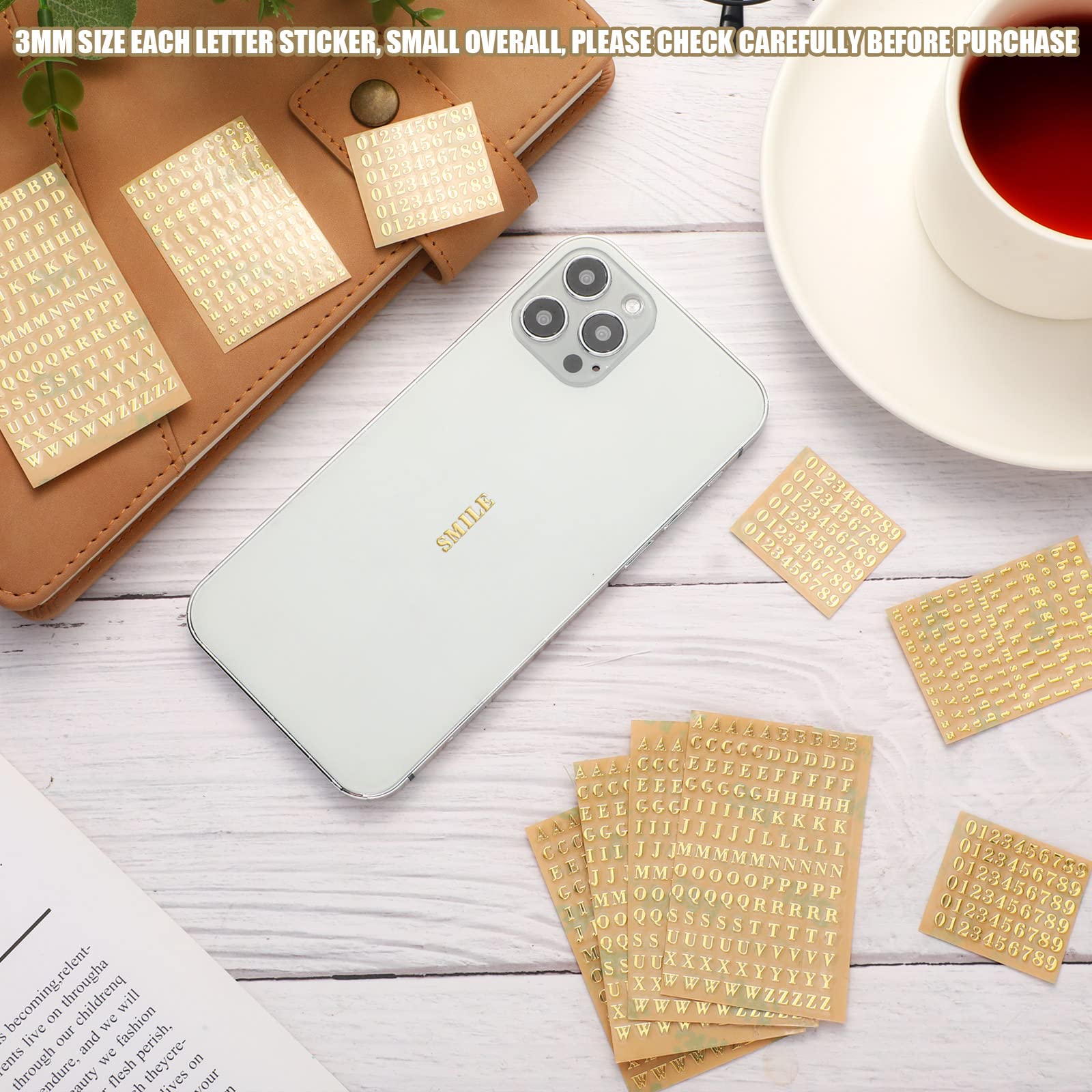 Marspark 18 Sheets Small Letter Stickers - 3mm Gold Alphabet & Number Stickers | Modern Metallic Waterproof Decorative Decals for Scrapbooking, DIY Crafts, Laptop Decoration, Backpack Customization, Furniture Design & Phone Accessories - Perfect for Journals, Planners, Gift Wrapping & Home Decor