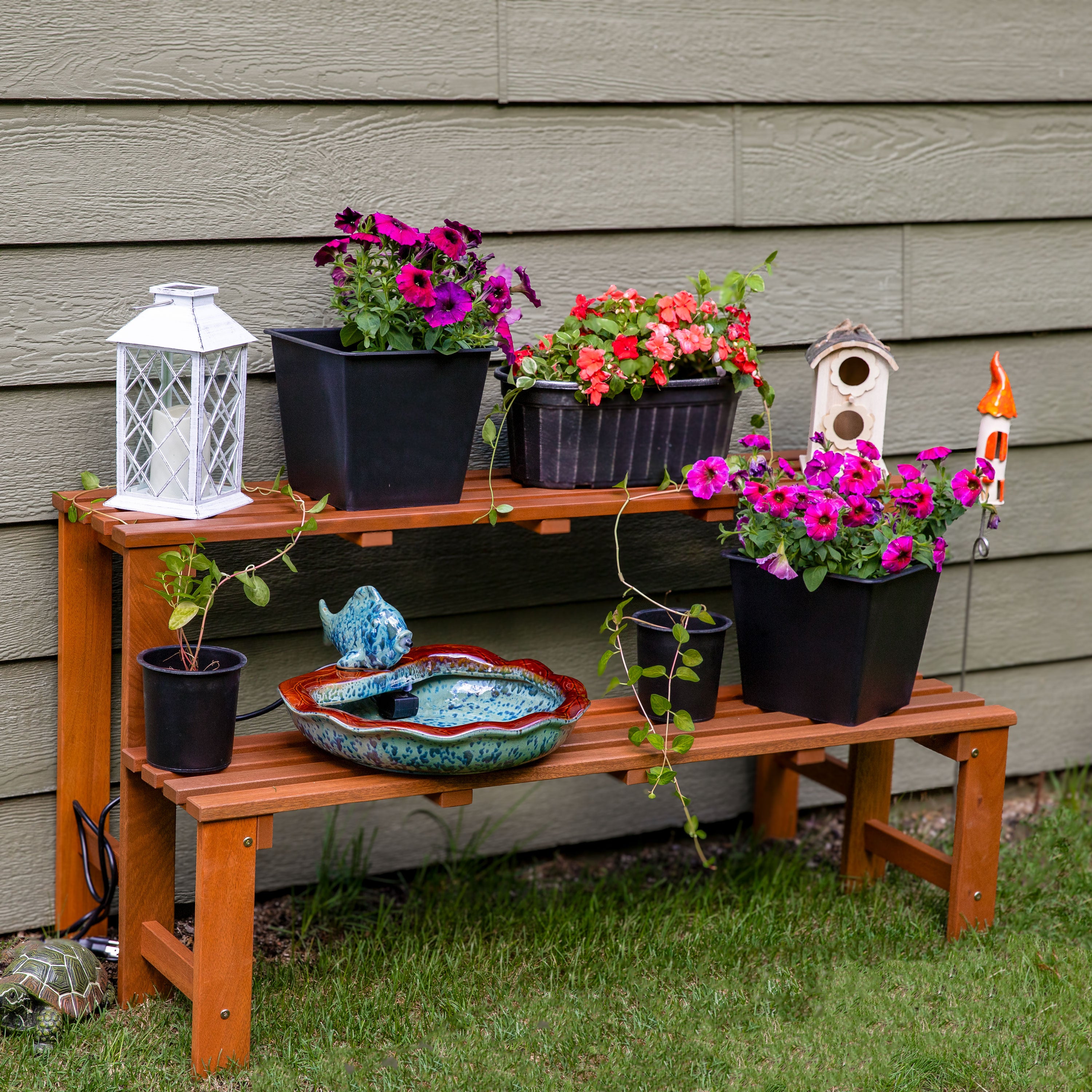 Sunnydaze 2-Tier Meranti Wood Outdoor Plant Stand with Teak Oil Finish - Perfect for Patio, Garden, and Balcony Decor