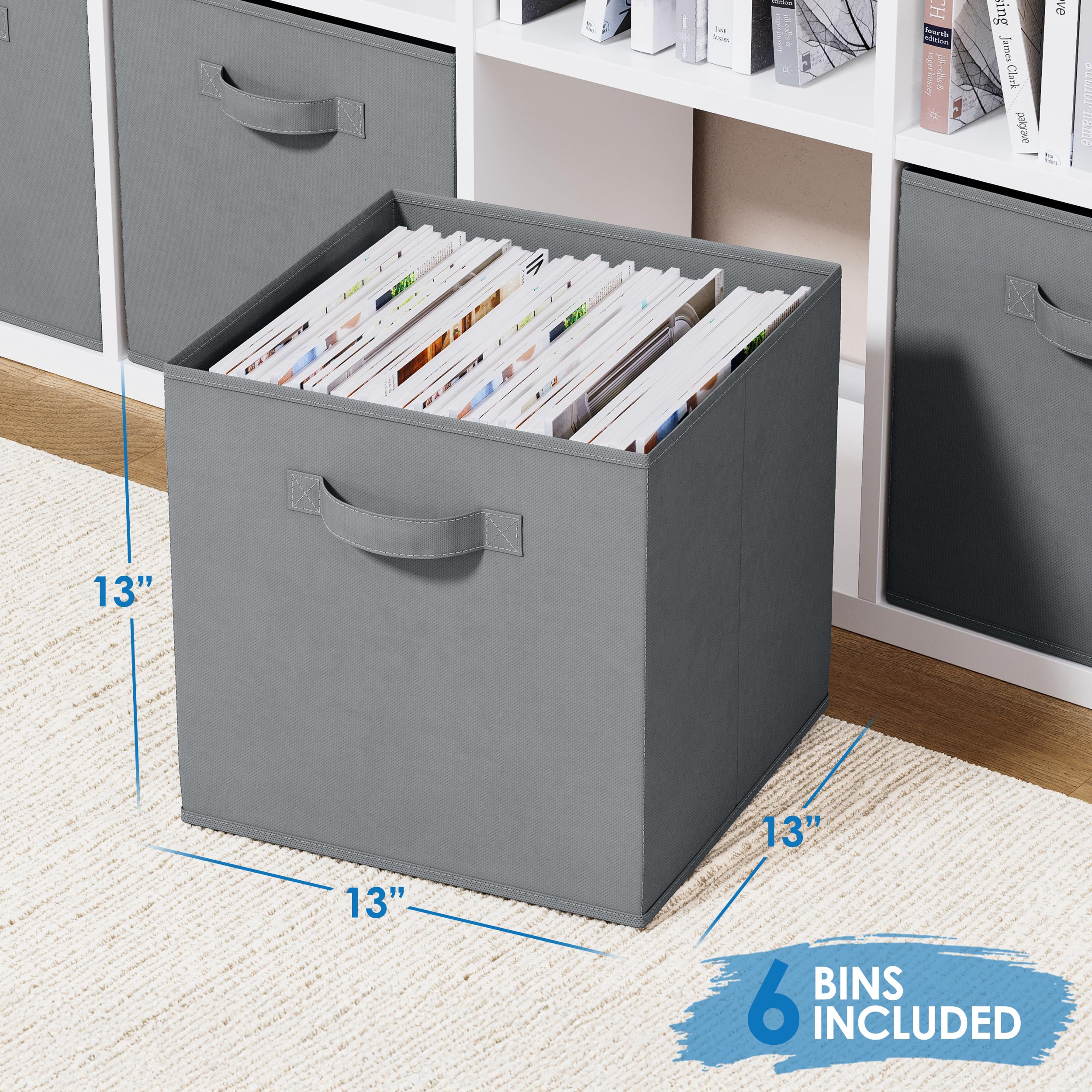 NEATERIZE 6-Pack Heavy Duty Grey Fabric Storage Cubes - 13 Inch Cube Organizer Bins for Closet, Shelves & Cubbies | Perfect for Clothes, Toys & Home Organization