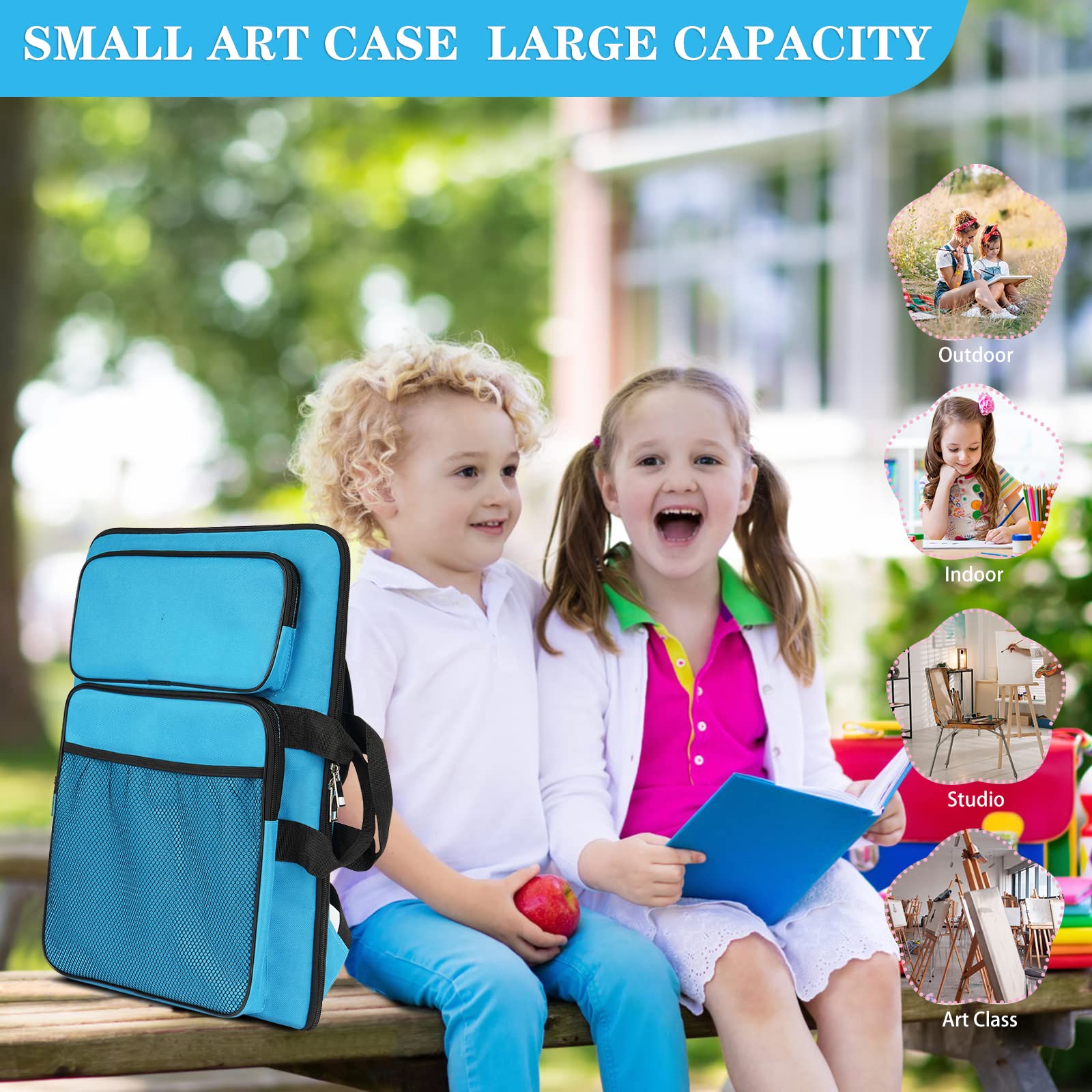 Kids Art Portfolio Bag - 15x18 Inch A3 Artist Backpack Organizer for Drawing Lessons | Sketchbook, Pencil & Artwork Storage | Empty Art Case (Blue) - Perfect for School Art Classes, Home Creativity & Travel Art Supplies