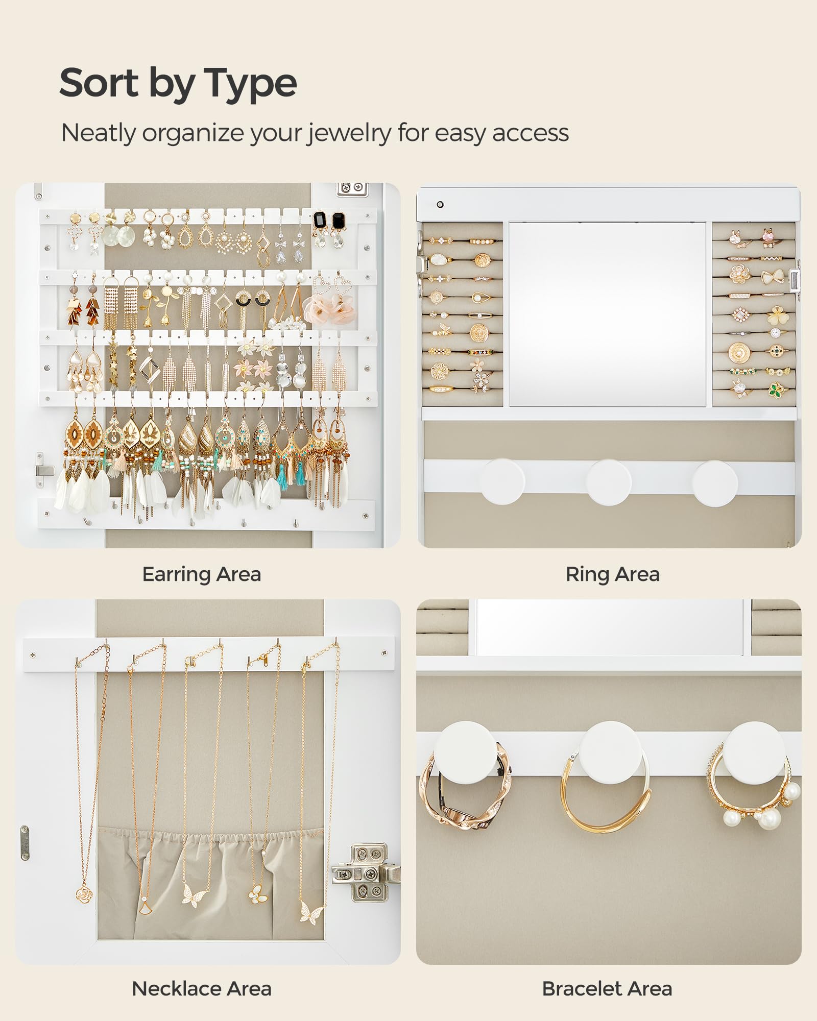 SONGMICS LED Jewelry Organizer Cabinet with Lockable Mirror - Wall or Door Mounted Jewelry Storage, 3.9 x 16.5 x 42.5 Inches, White with Greige Lining - Perfect for Bedroom, Closet, or Dressing Room Organization