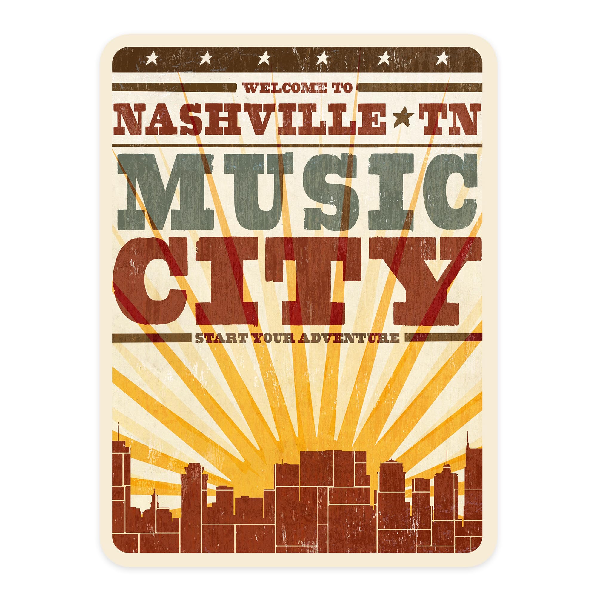Nashville Tennessee Die Cut Vinyl Stickers - 3 to 6 Inch Waterproof Decals with Sunburst Design for Cars, Laptops, Water Bottles & Coolers | Perfect for Travel Lovers, Music Fans & City Pride Decor