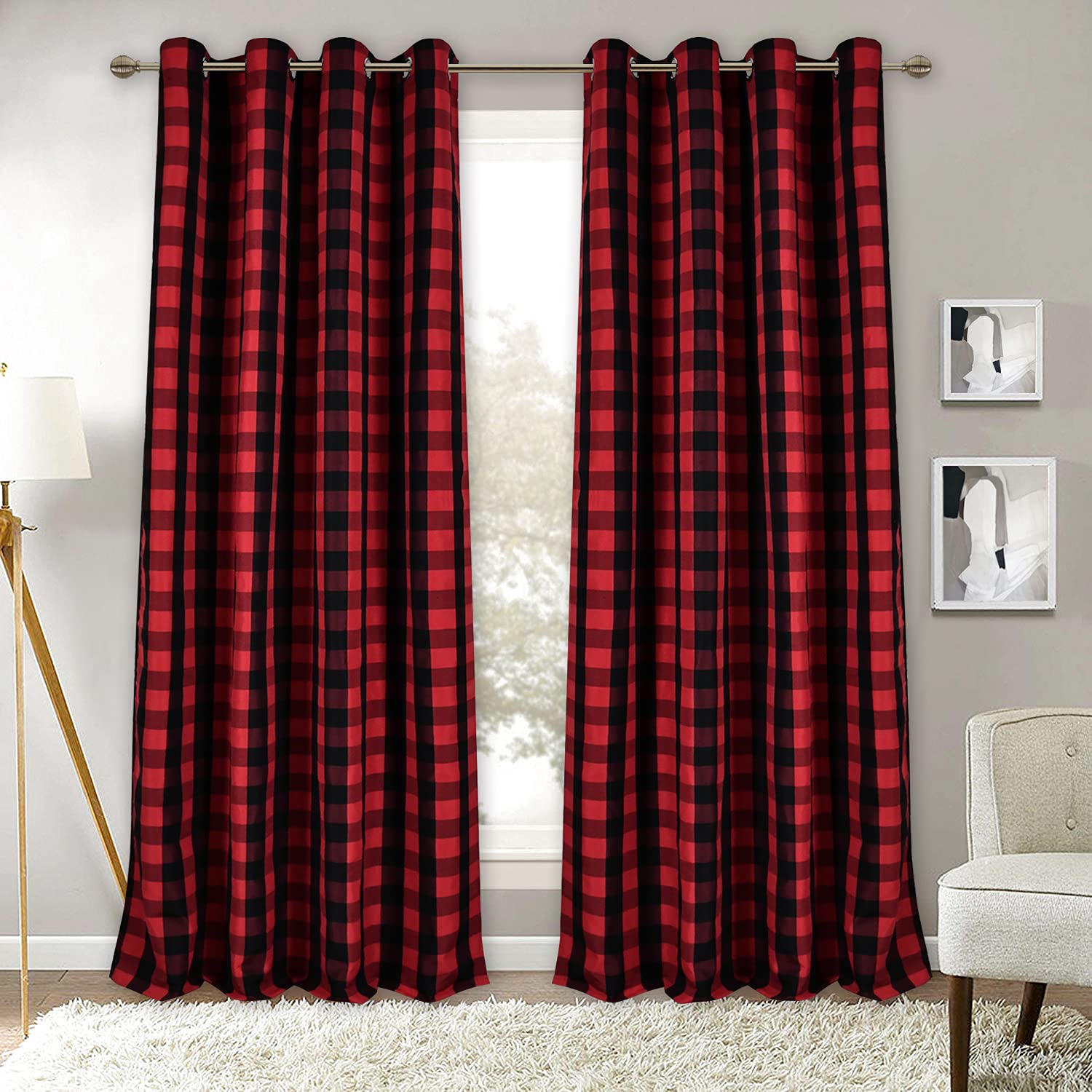 Red and Black Buffalo Plaid Thermal Insulated Grommet Curtains - 52 x 95 Inches, 2 Panels - Energy Efficient Bedroom & Living Room Window Treatments for Farmhouse, Courtyard Style - Perfect for Winter Insulation & Home Decor