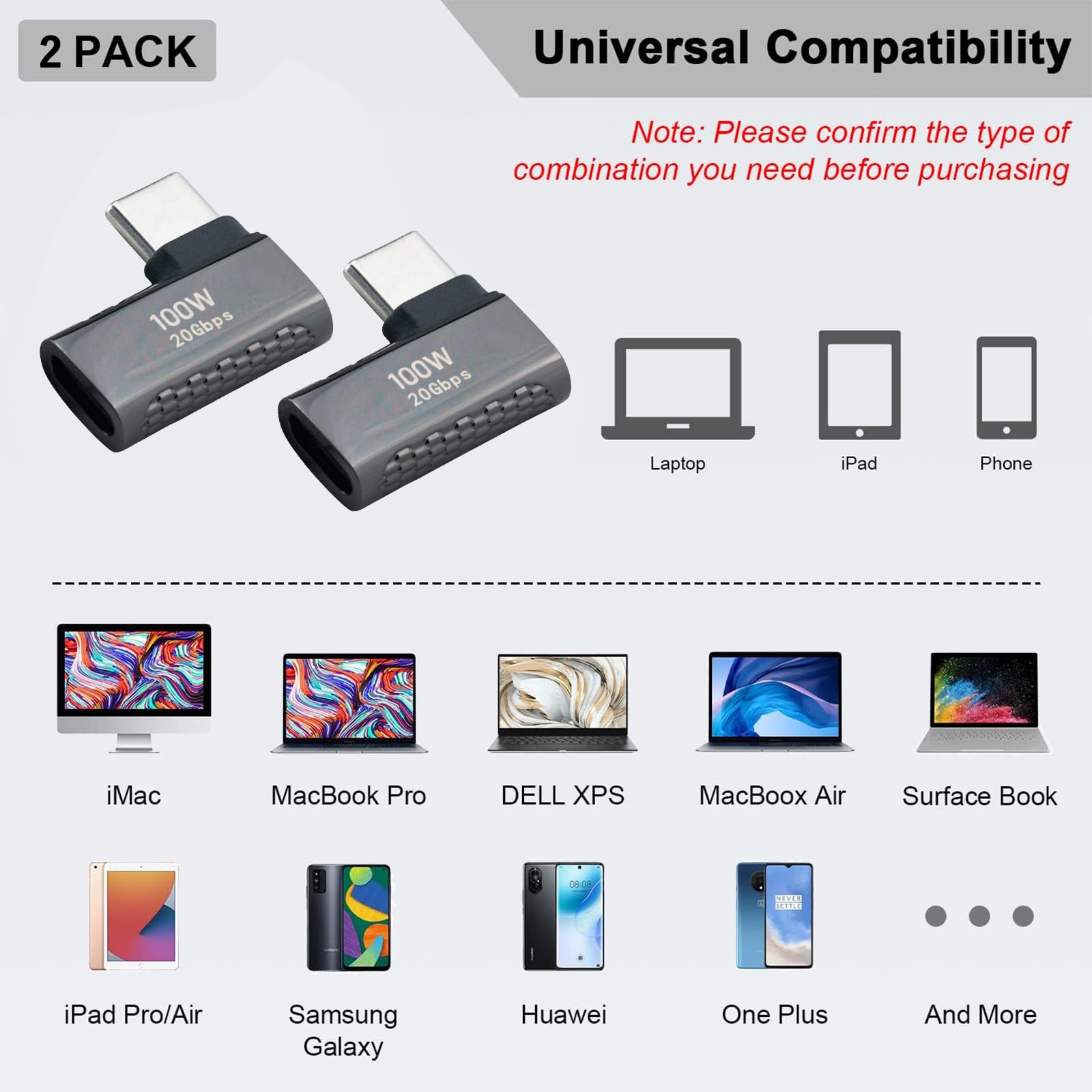 Leehitech 2 Pack Right Angle USB C to USB C Adapter - 20Gbps High-Speed Data Transfer, L-Shape USB 3.1 Male to Female Connector, 100W PD Fast Charging for MacBook Pro, iPad Pro, Nintendo Switch, Steam Deck - Perfect for Gaming, Travel & Workspace Cable Management