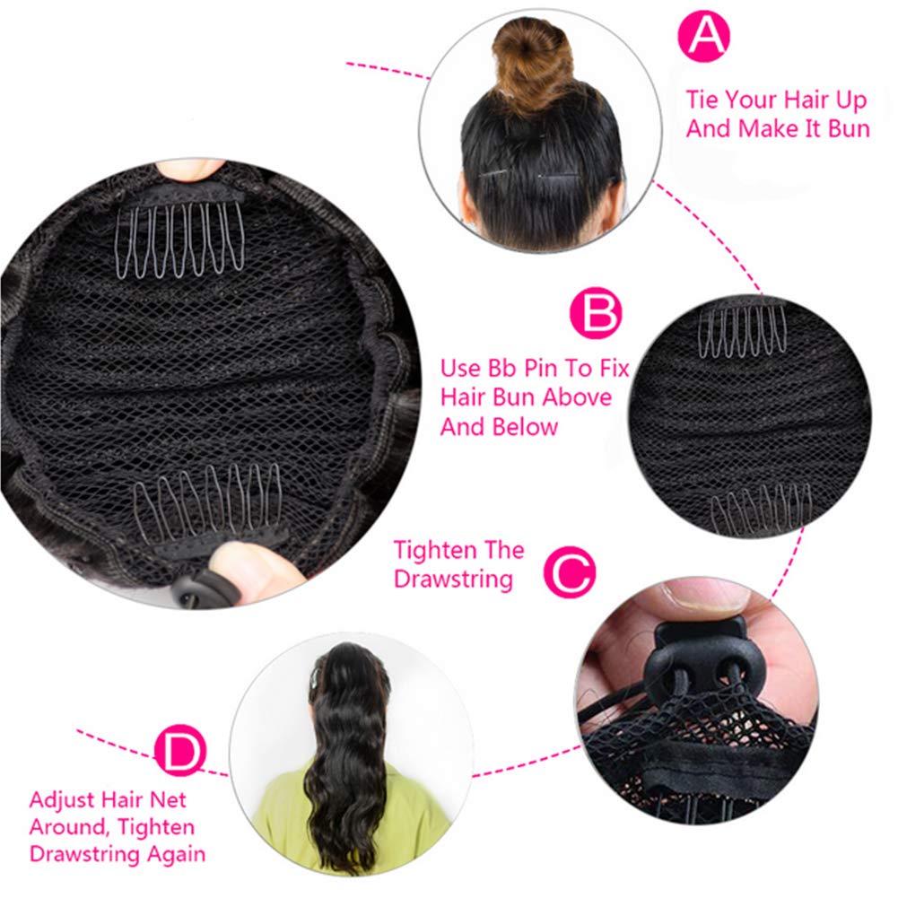 Brazilian Remy Human Hair Ponytail Extension - Body Wave Straight Hair Donut Chignon Wrap with Drawstring & 2 Clips | Natural Black Hairpiece for Women | Perfect for Parties, Weddings & Daily Styling