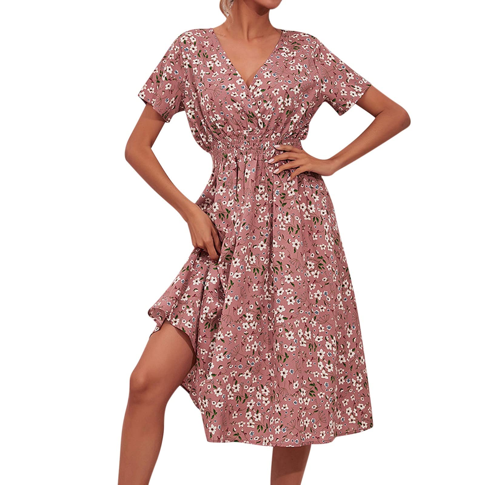 Apfopard Women's Floral Print V-Neck A-Line Dress - Elegant Short Sleeve Casual Summer Dress for Beach, Spring Fashion & Vacation Wear | Perfect for Date Night, Party & Outdoor Activities